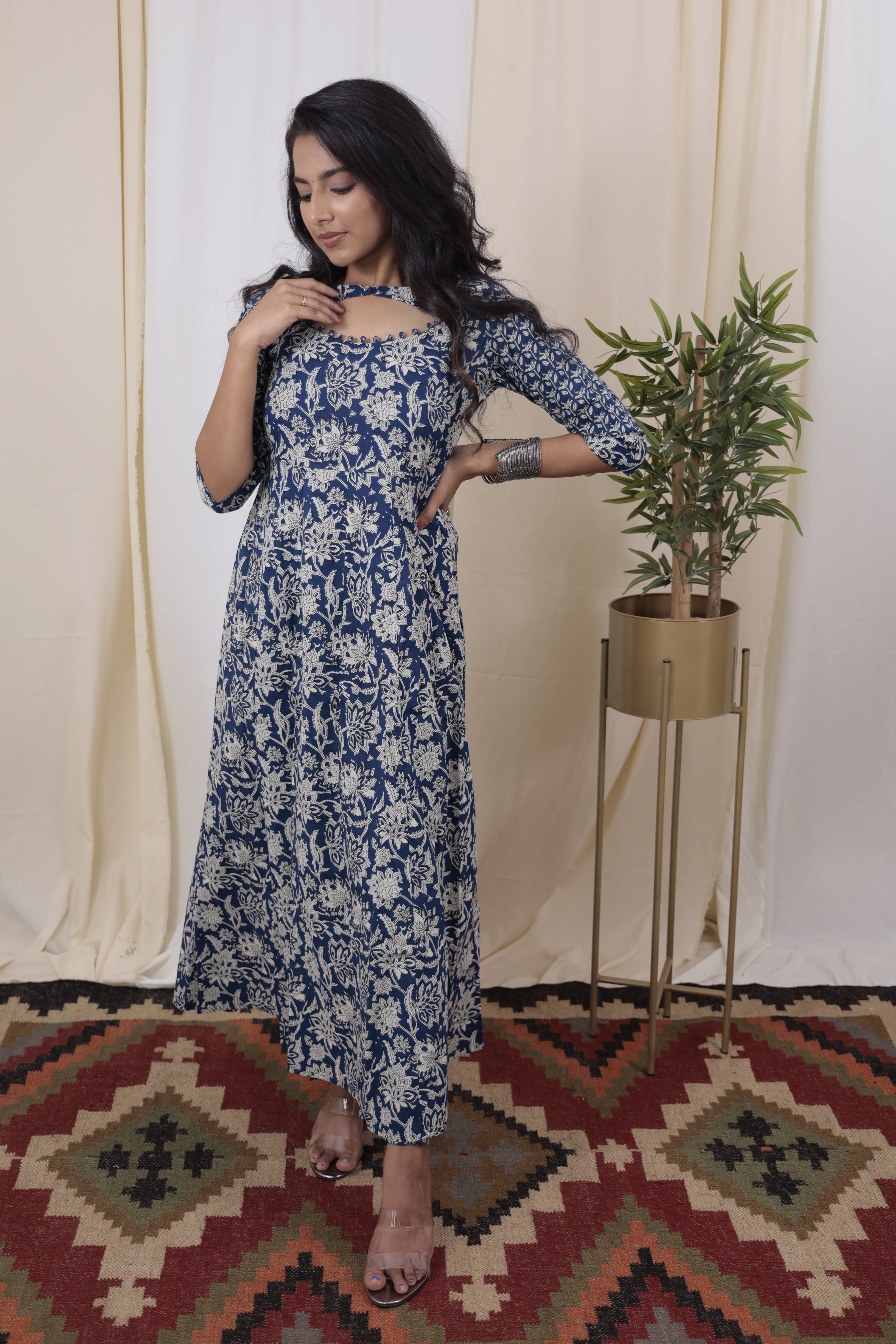 Himanshi- jaal printed cotton anarkali suit set in royal blue