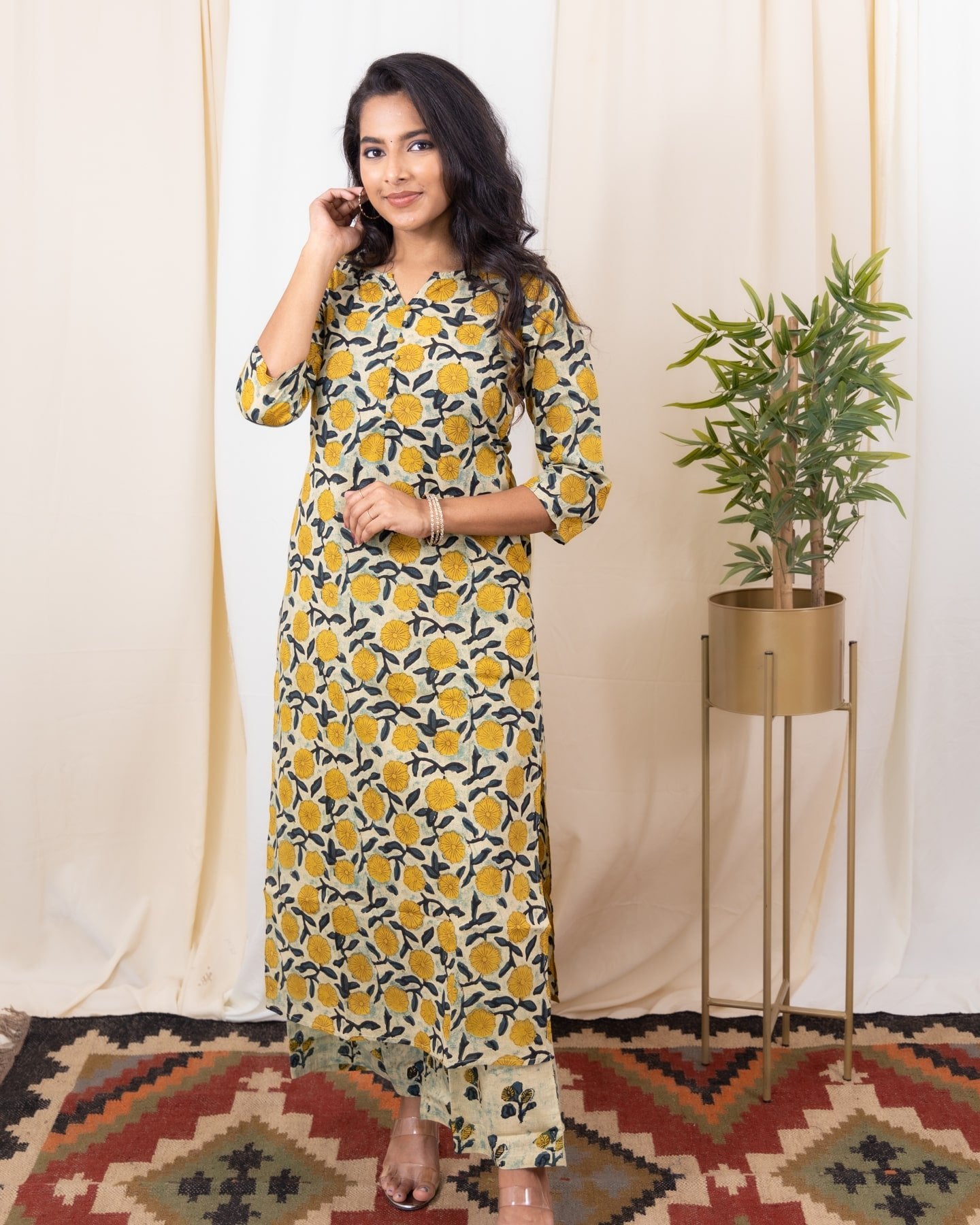 Kalpana - Ajrakh dabu hand block printed jaipuri cotton kurta set in green