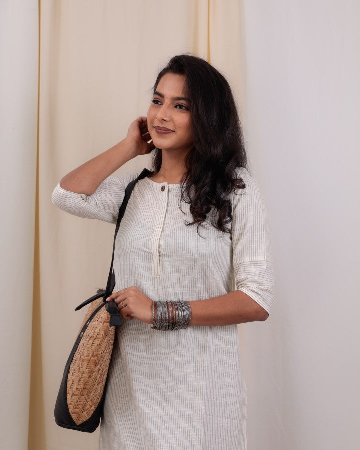 Pattern kurti 18 - handloom cotton striped kurta in white & green