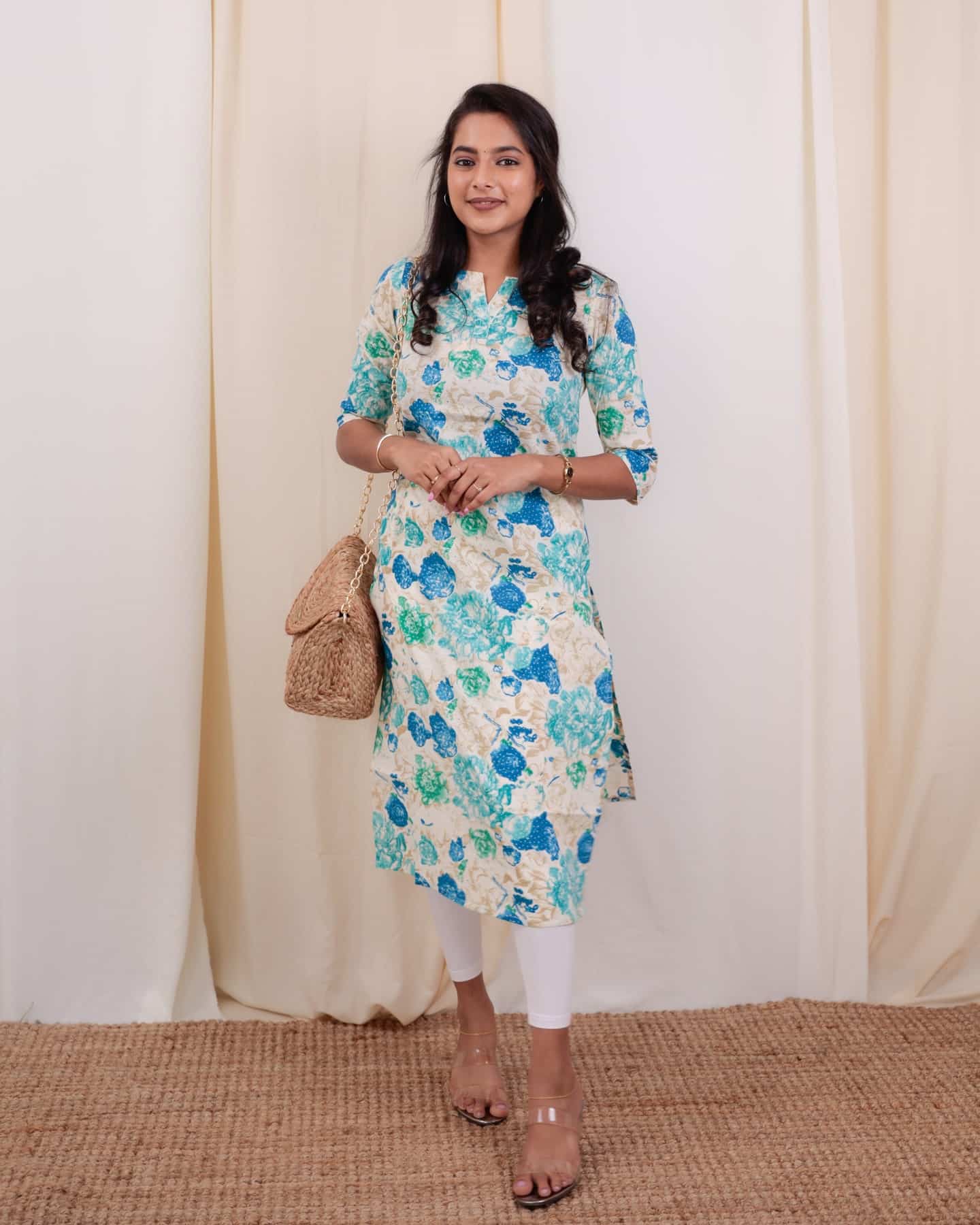 Kurti - 44 - hand block floral printed organic mul cotton kurta in white and blue