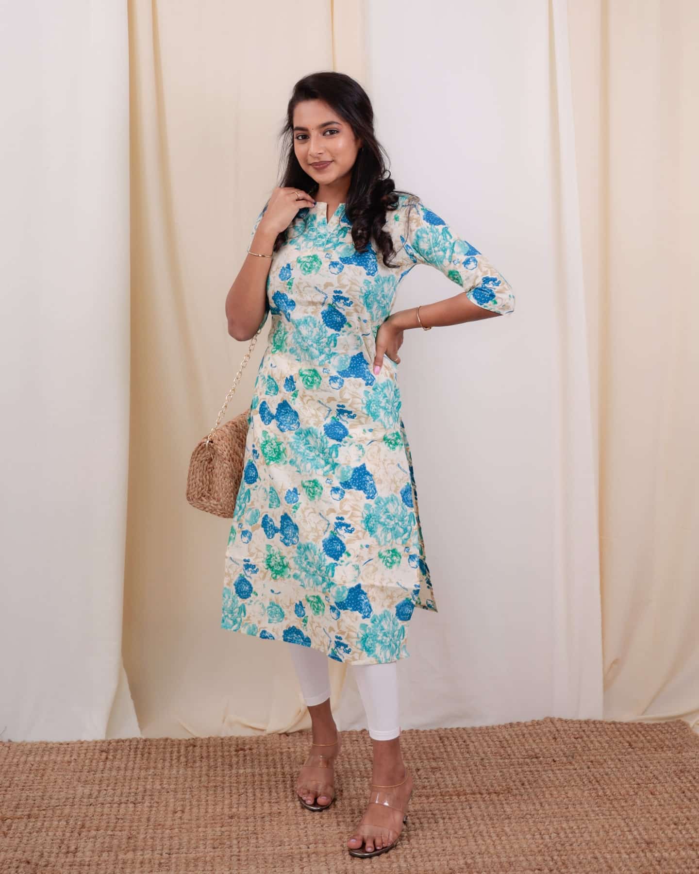 Kurti - 44 - hand block floral printed organic mul cotton kurta in white and blue