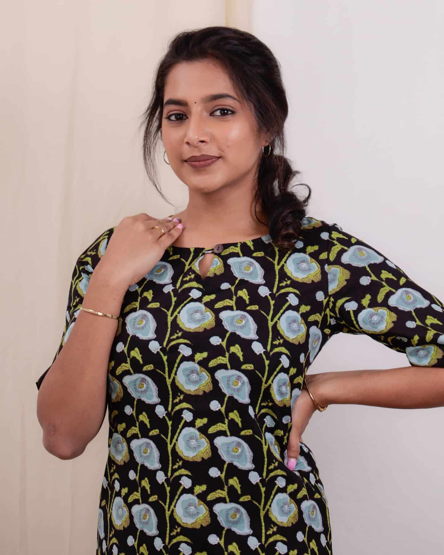 Kurti - 48 - hand block floral printed organic mul cotton kurta in black , blue and green