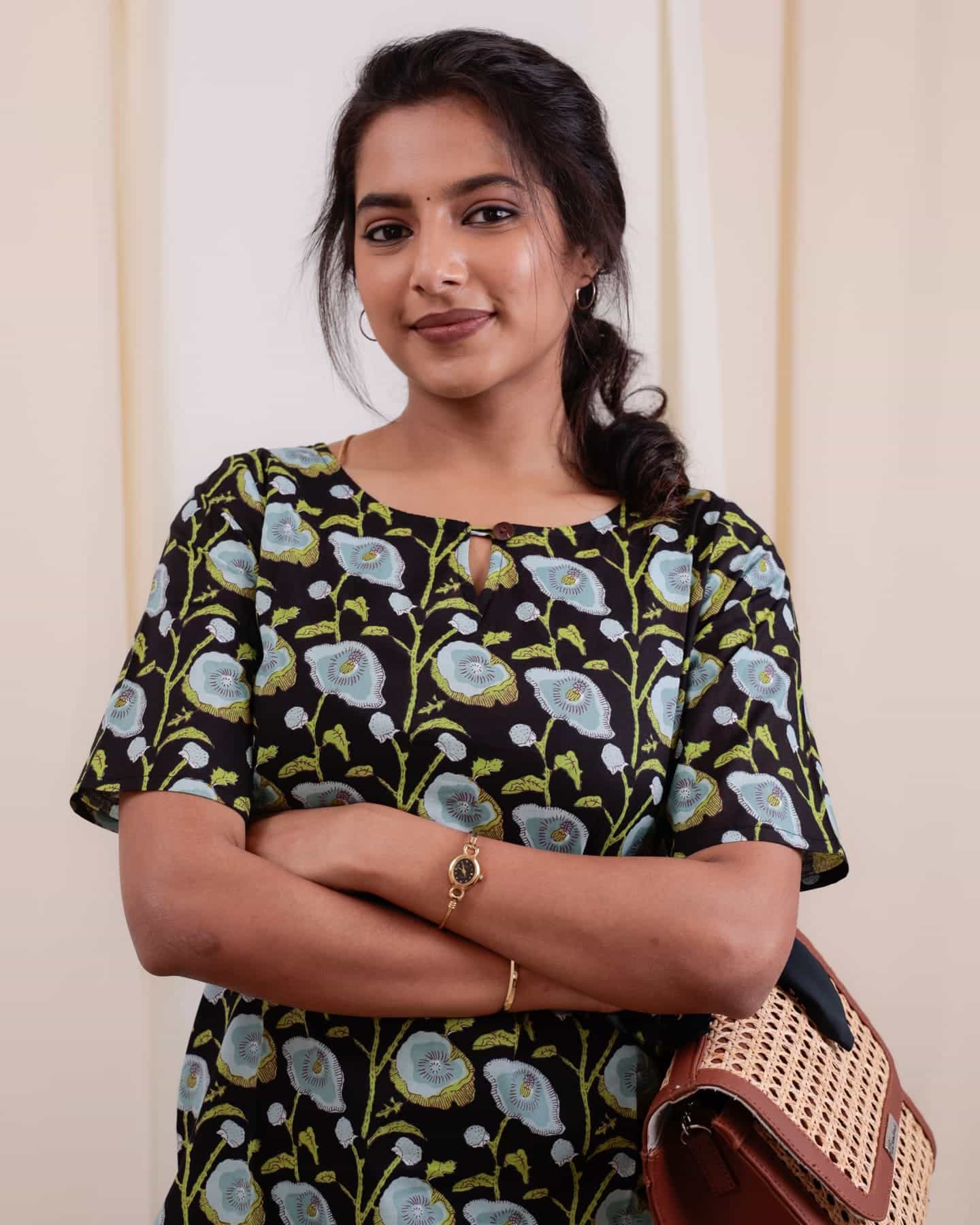 Kurti - 48 - hand block floral printed organic mul cotton kurta in black , blue and green