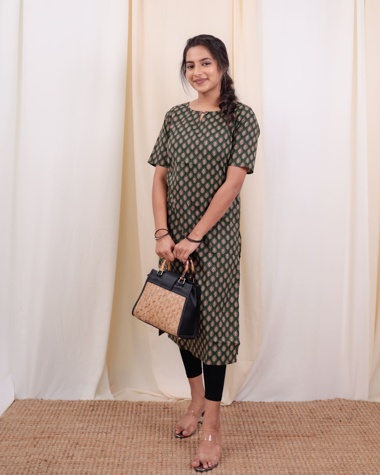 Kurti - 50 - hand block ajrakh printed organic mul cotton kurta in dark green, black and orange