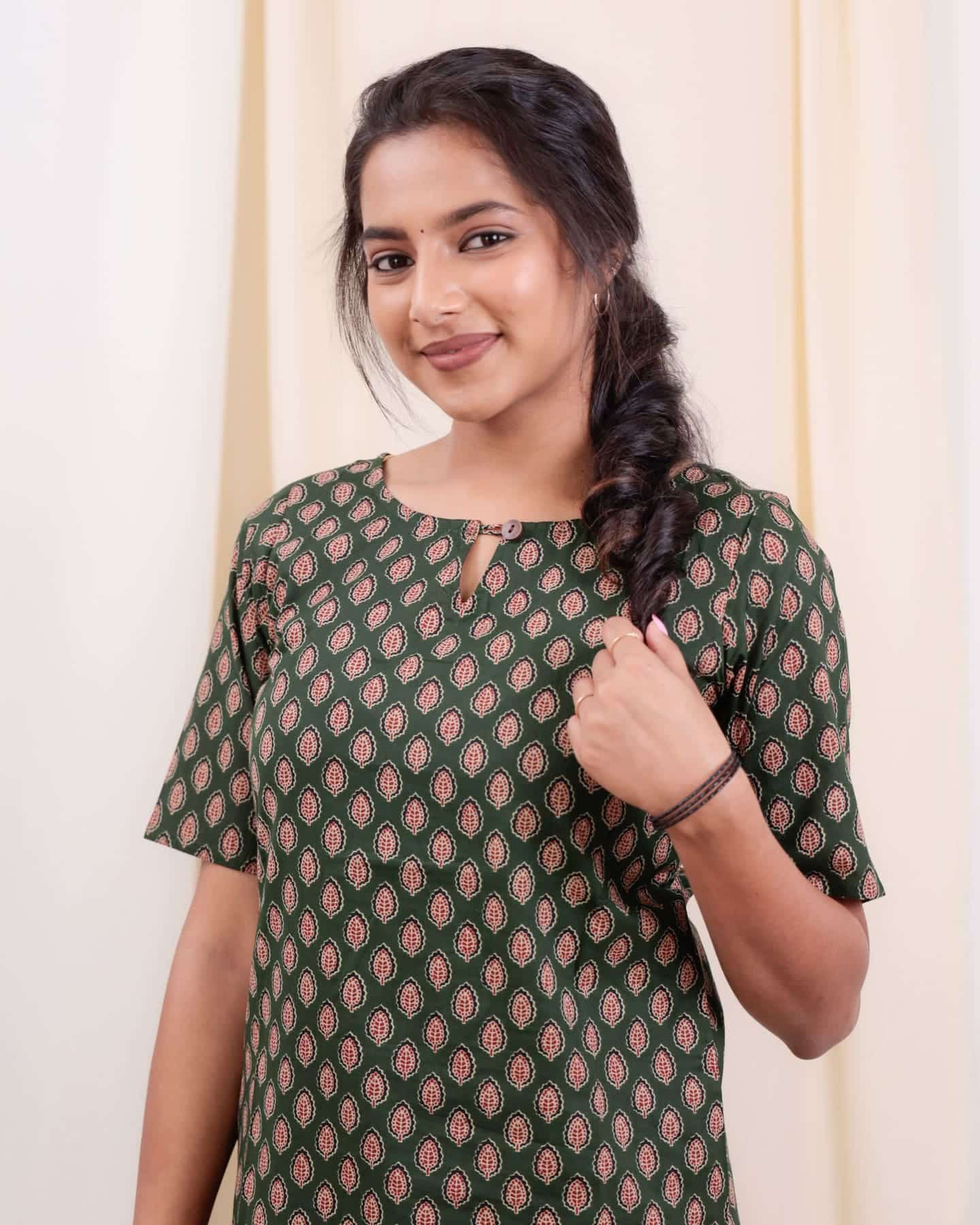 Kurti - 50 - hand block ajrakh printed organic mul cotton kurta in dark green, black and orange