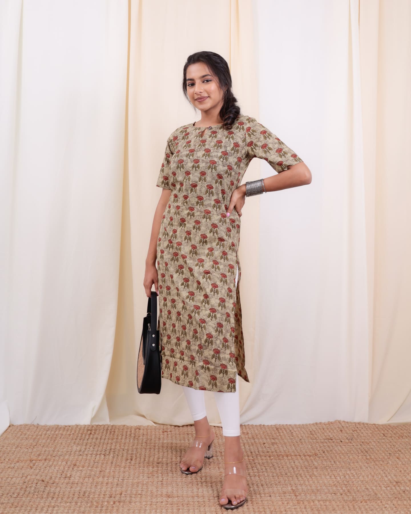 Kurti - 49 - hand block floral printed organic mul cotton kurta in faded green and brick red