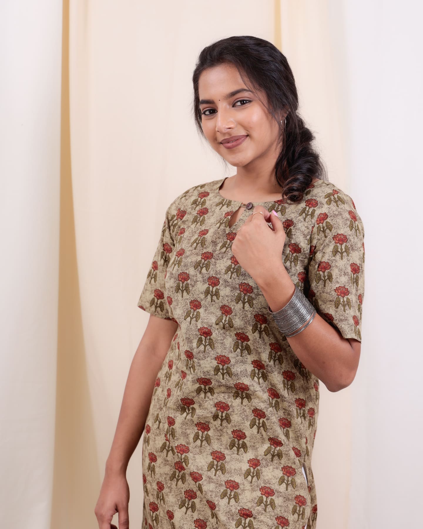 Kurti - 49 - hand block floral printed organic mul cotton kurta in faded green and brick red