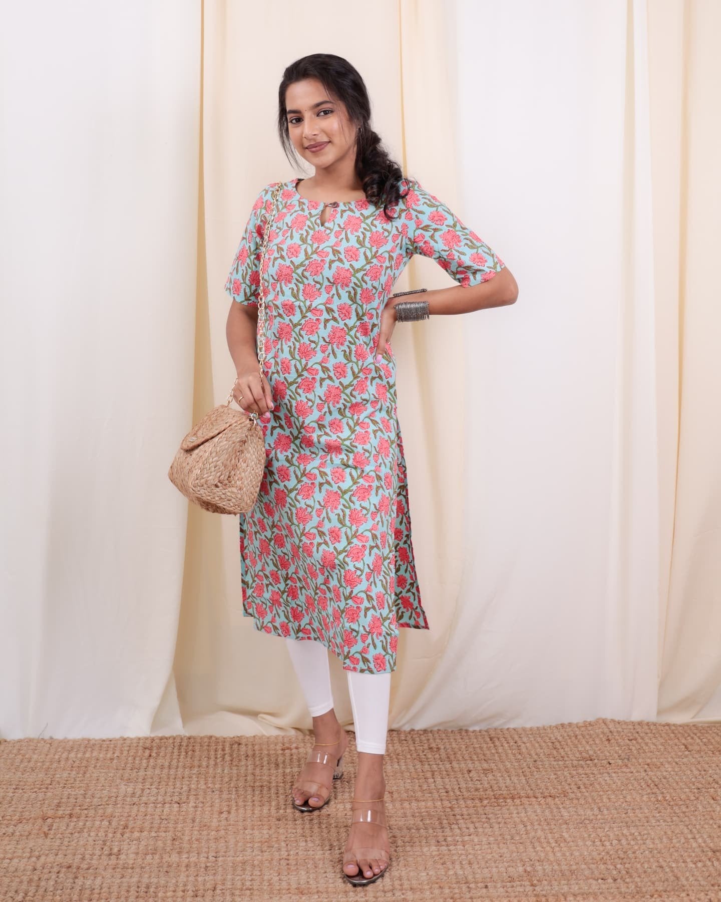 Kurti - 47 - hand block floral printed organic mul cotton kurta in sky blue and baby pink