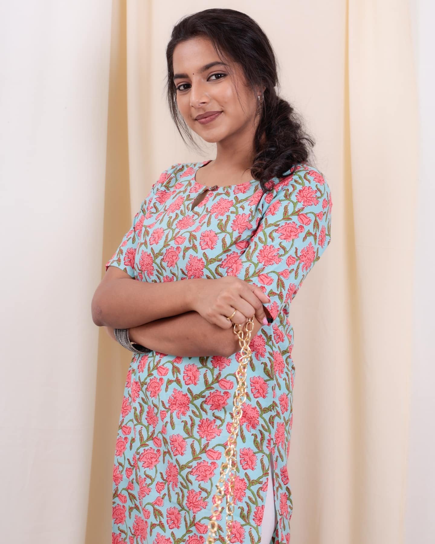 Kurti - 47 - hand block floral printed organic mul cotton kurta in sky blue and baby pink