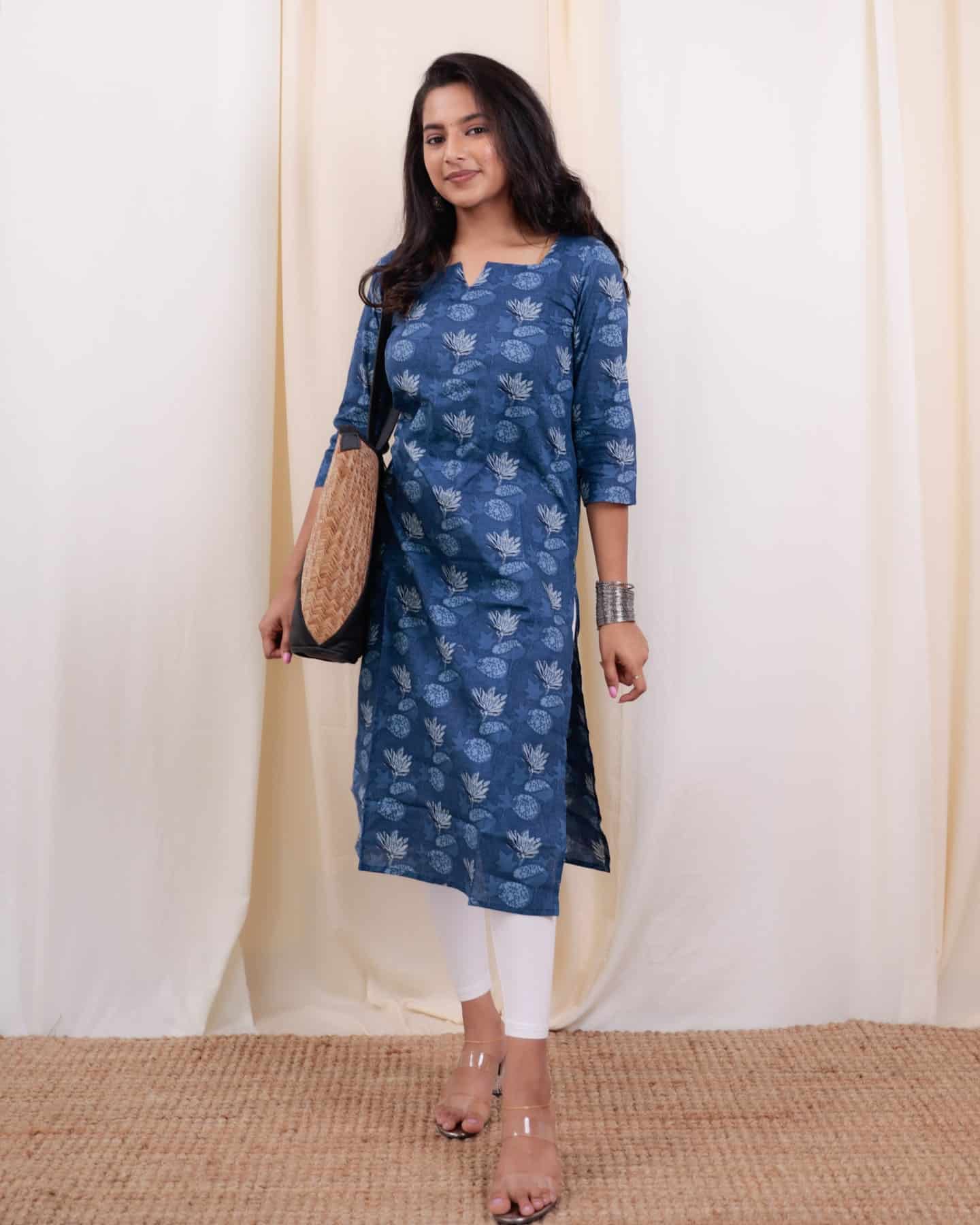 Kurti - 37 - hand block printed floral organic mul cotton kurtain indigo blue and white