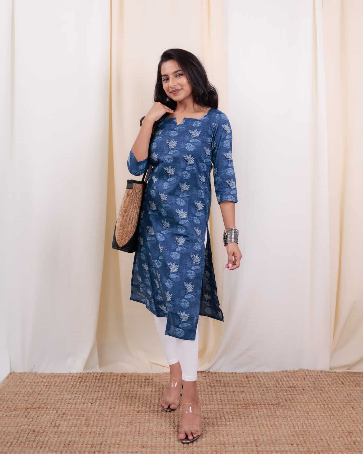 Kurti - 37 - hand block printed floral organic mul cotton kurtain indigo blue and white
