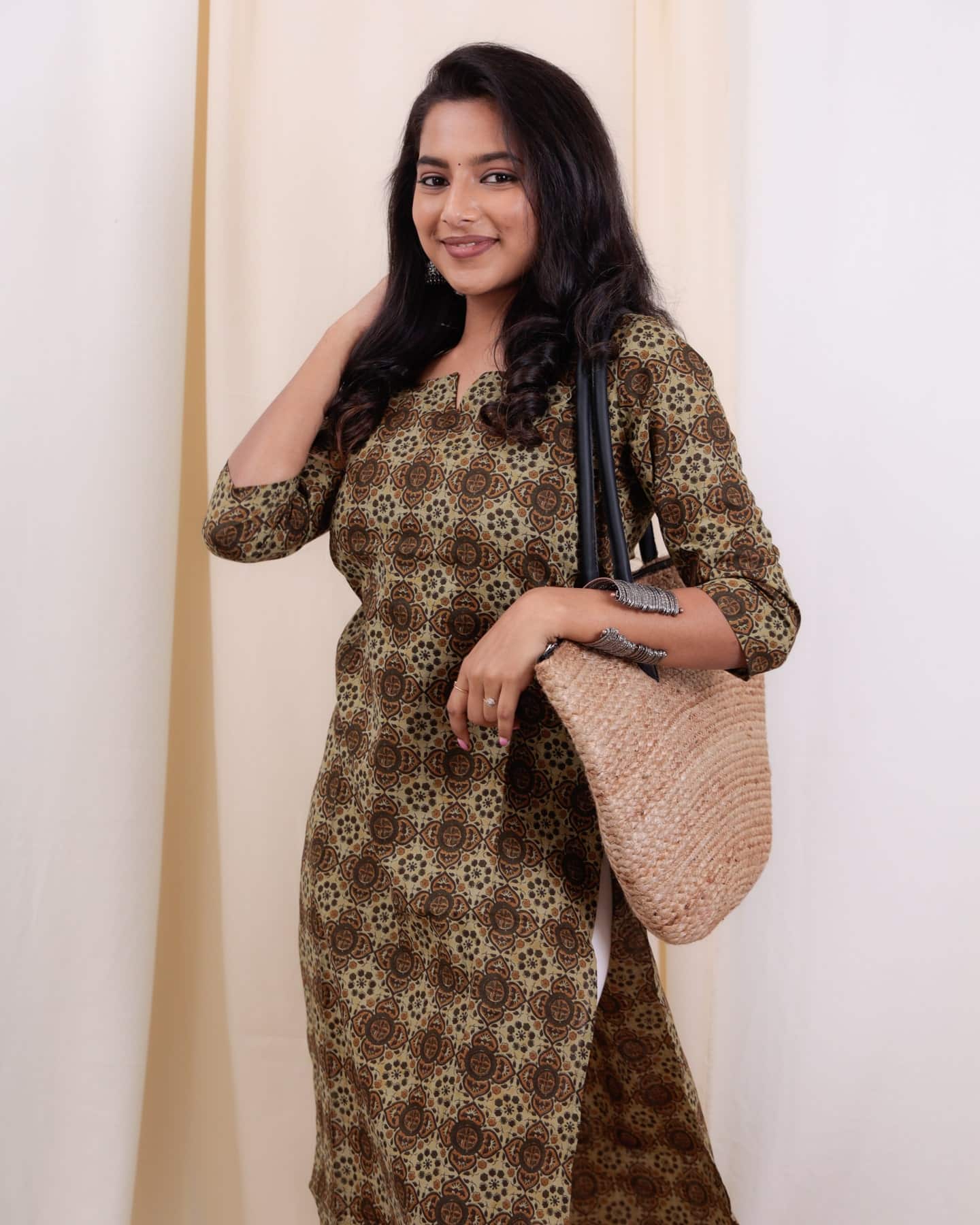 Kurti - 35 - hand block ajrakh dabu printed organic mul cotton kurta in brown and green