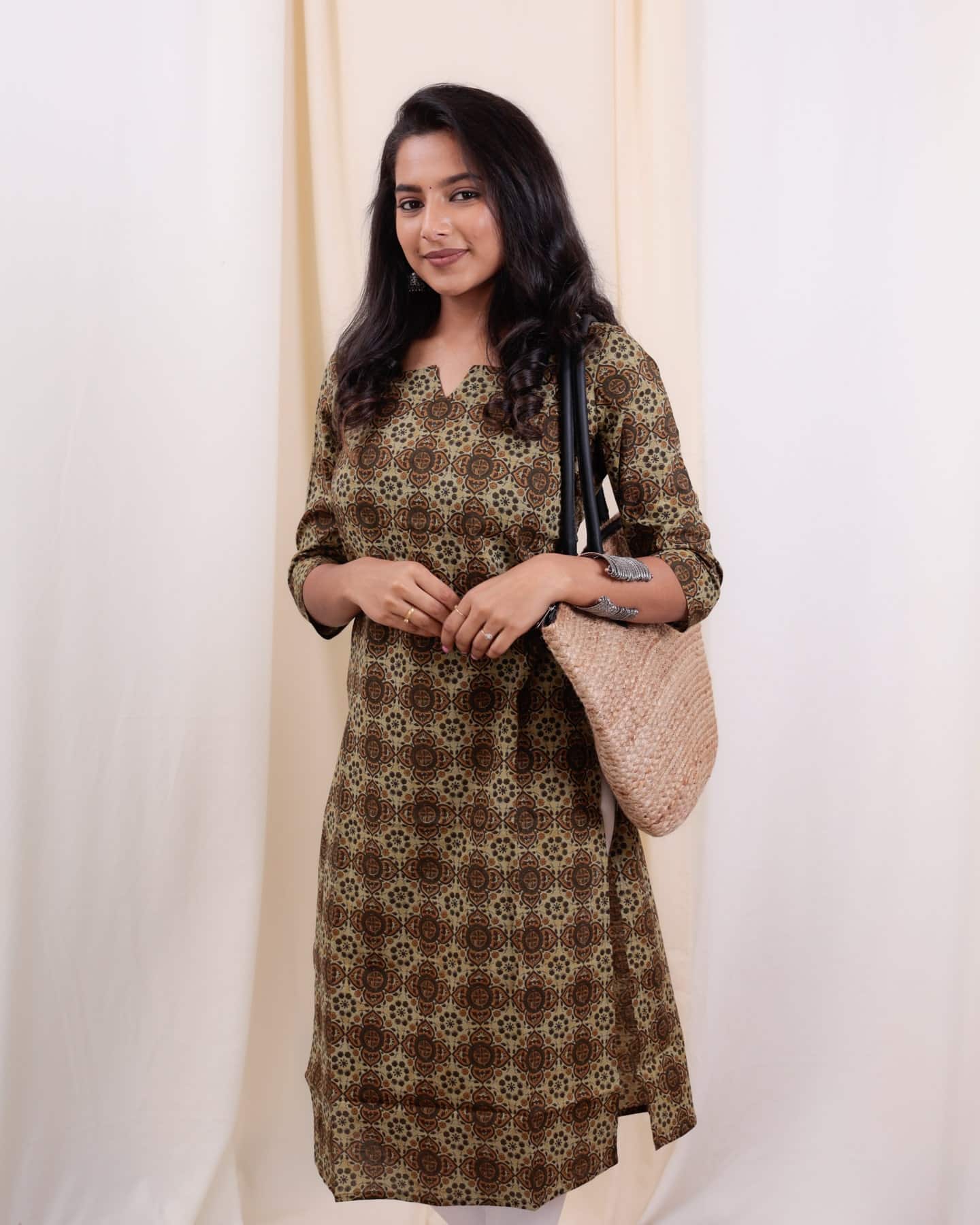 Kurti - 35 - hand block ajrakh dabu printed organic mul cotton kurta in brown and green