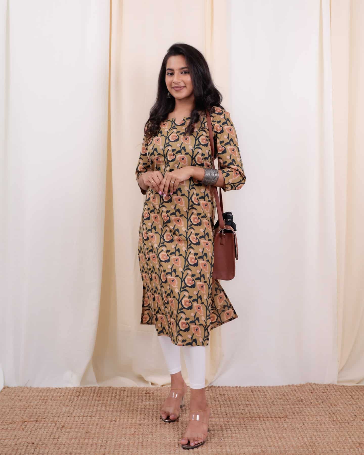 Kurti - 34 - hand block floral printed organic mul cotton kurta in green and cream