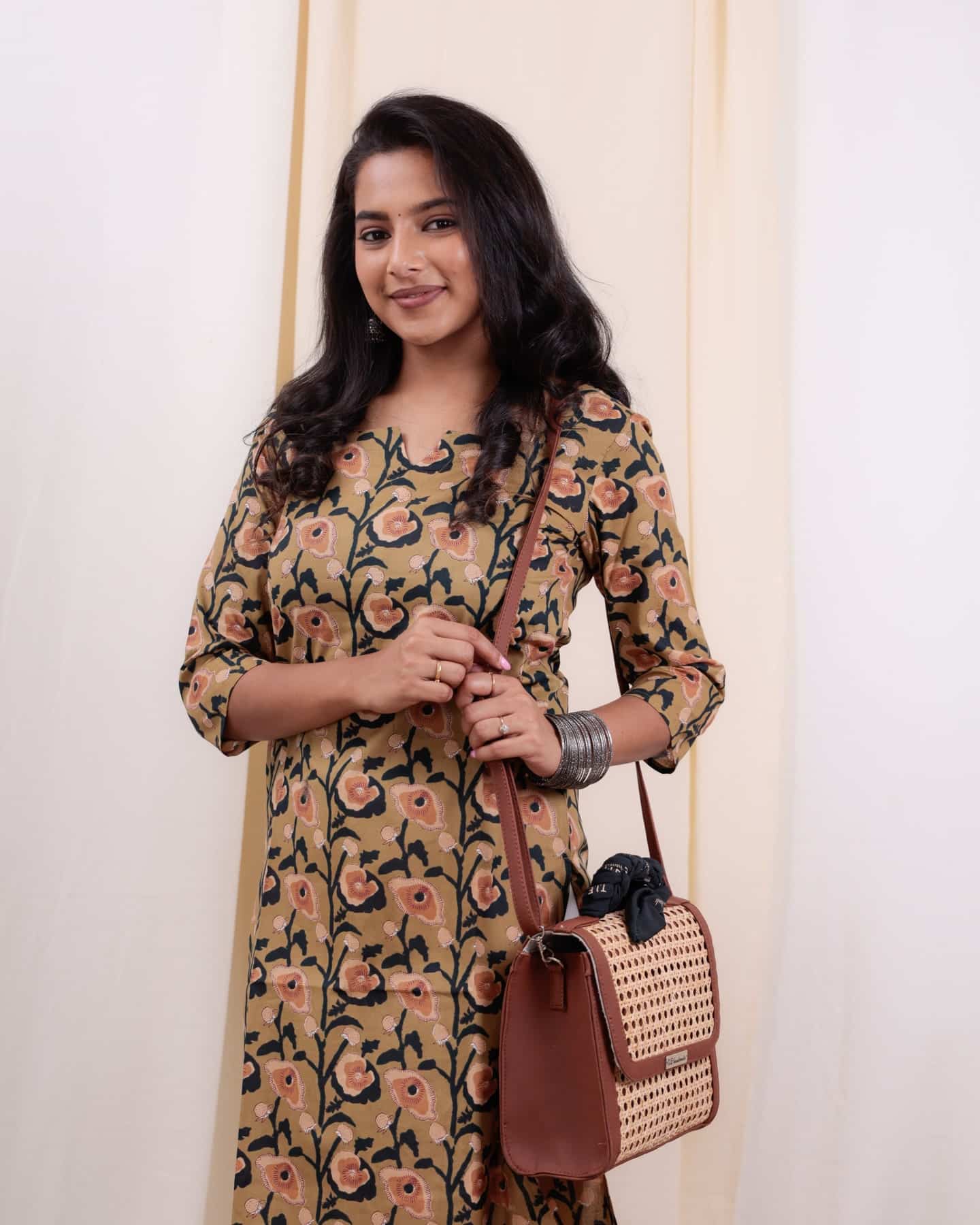 Kurti - 34 - hand block floral printed organic mul cotton kurta in green and cream