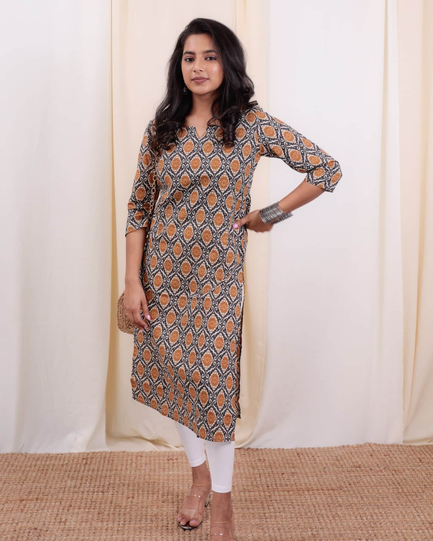 Kurti - 36 - hand block ajrakh dabu printed organic mul cotton kurta in grweyish black and mustard yellow