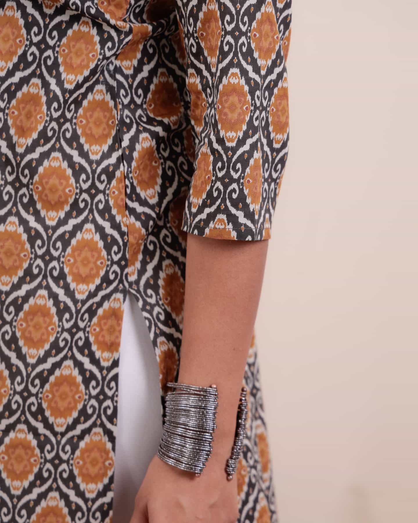 Kurti - 36 - hand block ajrakh dabu printed organic mul cotton kurta in grweyish black and mustard yellow