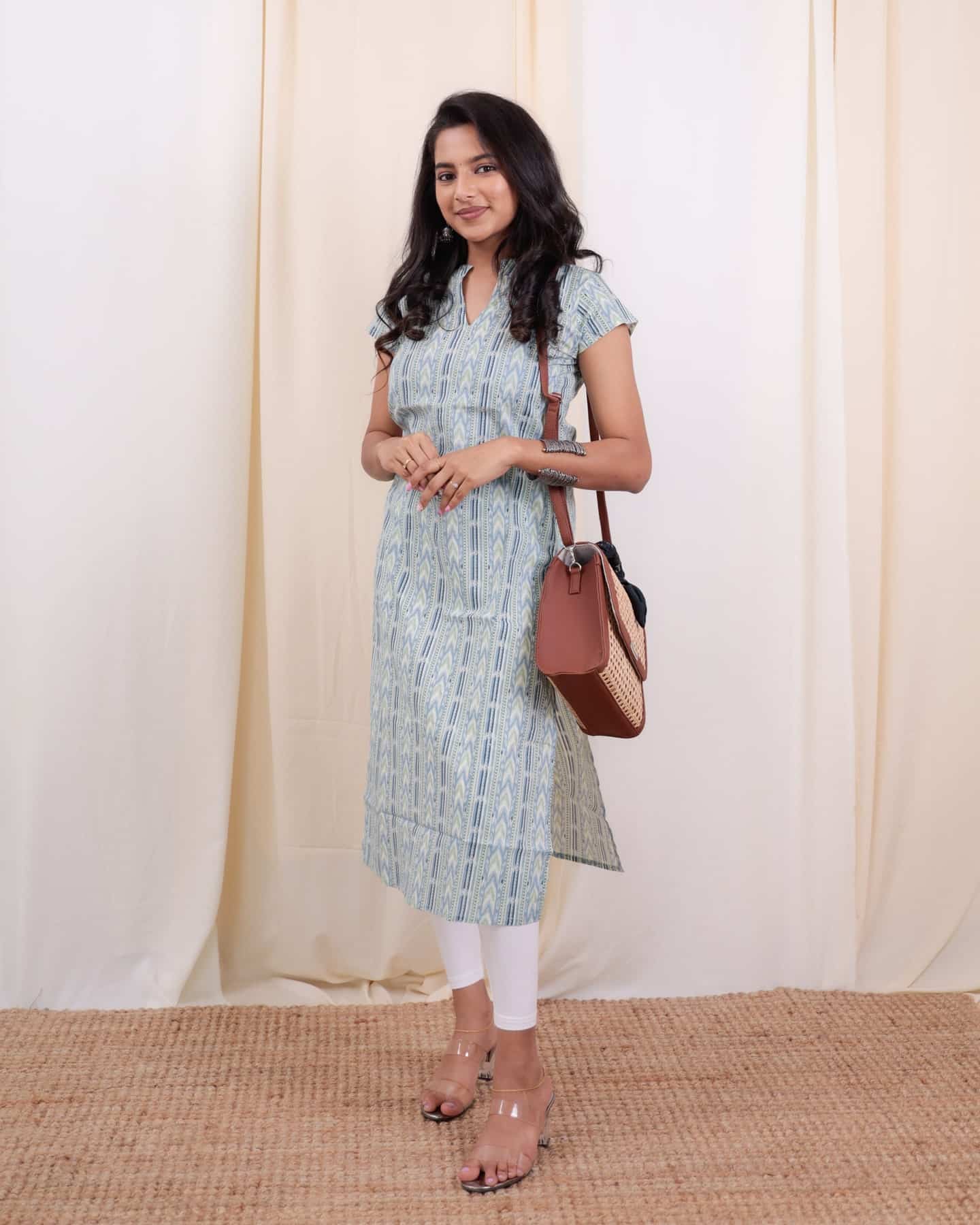 Kurti - 38 - hand block floral printed organic mul cotton kurta in shades of blue and green