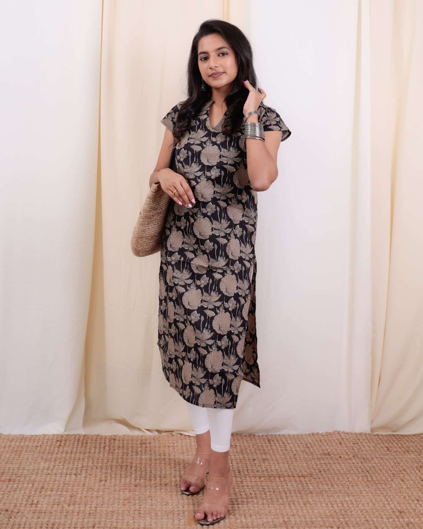 Kurti - 40 - hand block floral printed organic mul cotton kurta in black and cream