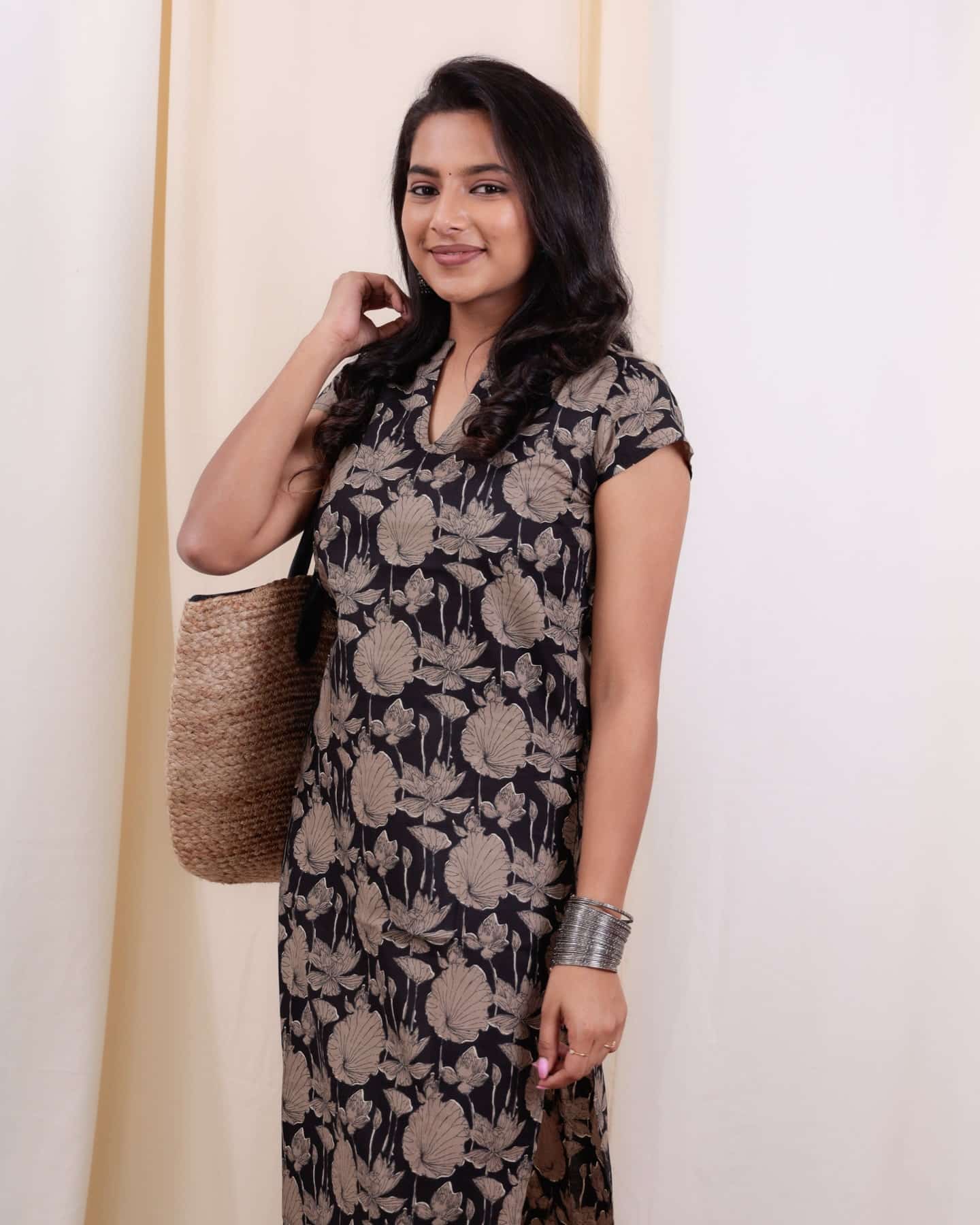 Kurti - 40 - hand block floral printed organic mul cotton kurta in black and cream