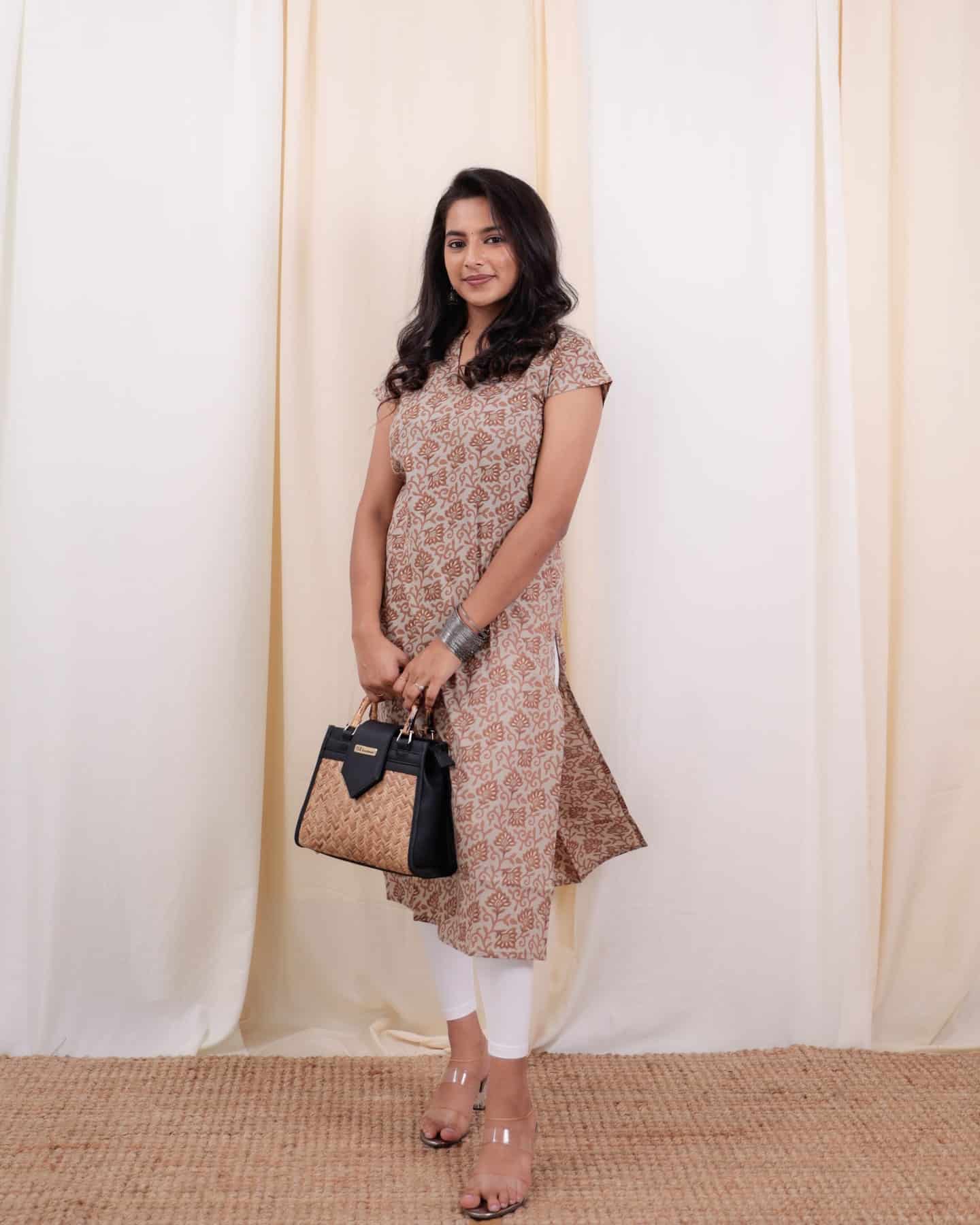 Kurti - 41 - hand block floral printed organic mul cotton kurta in cream and coffee brown