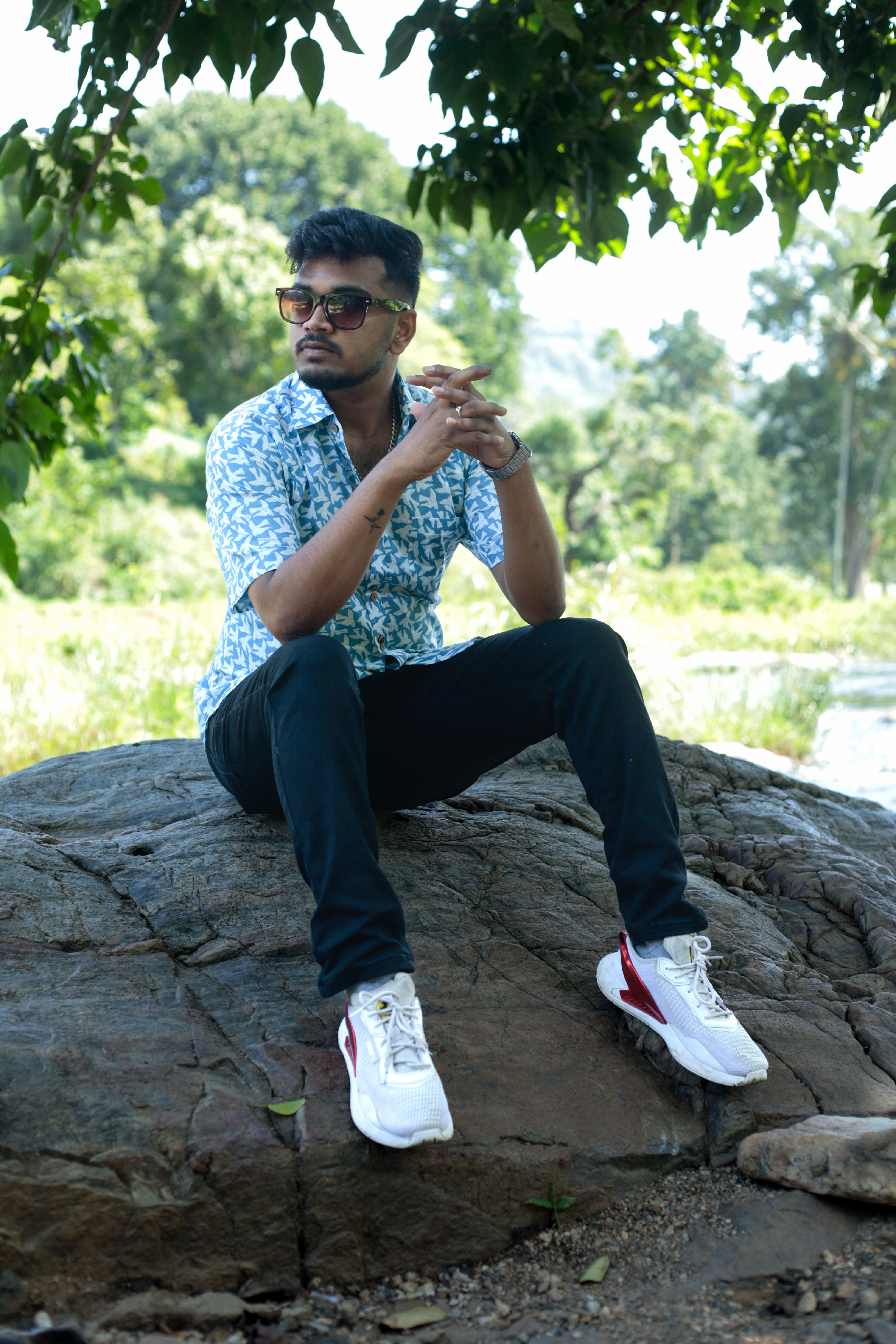Shirt - 20 -  handblock Swift bird printed organic cotton shirt in sky blue