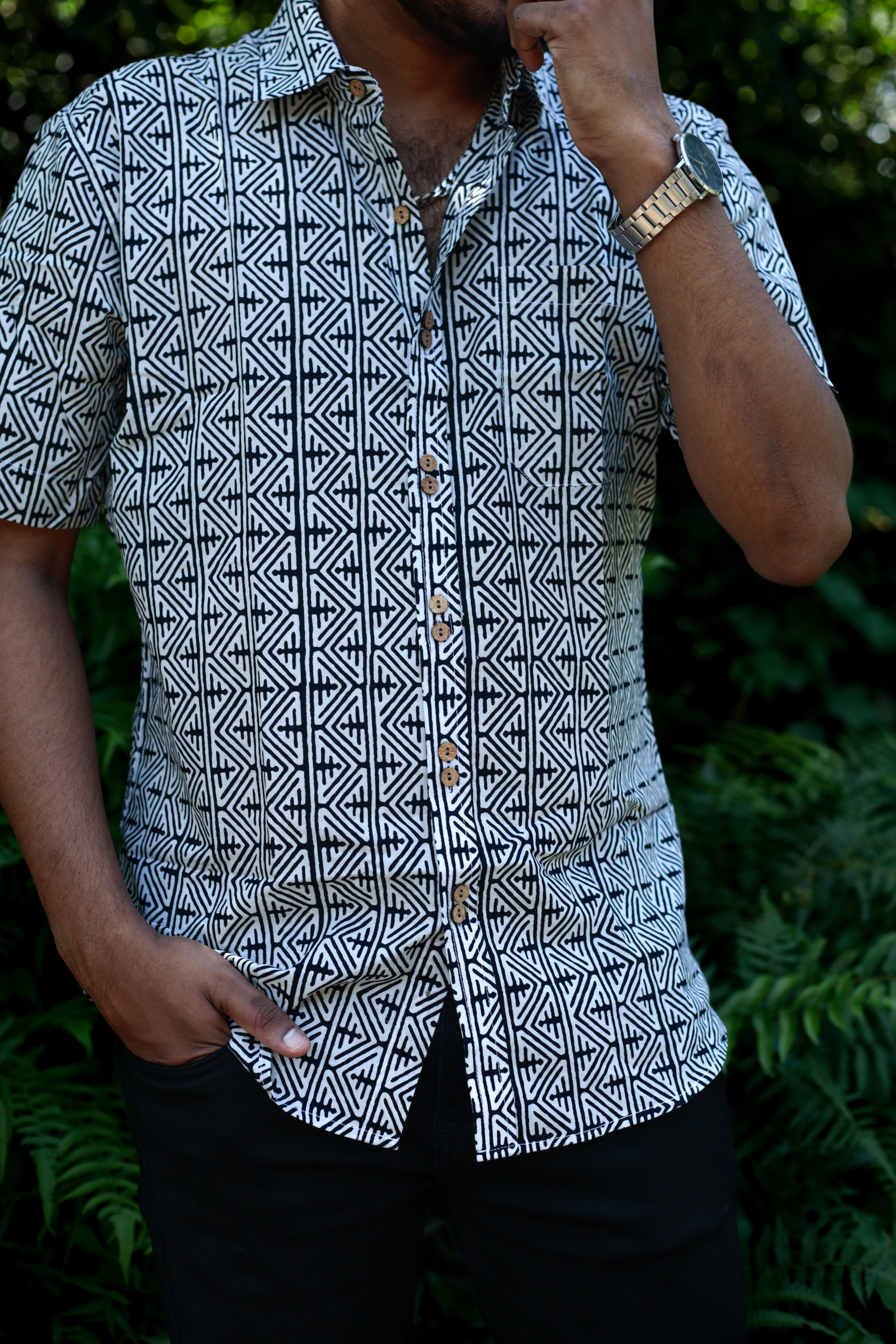 shirt - 19 -  handblock abstract printed  organic cotton shirt in black and white