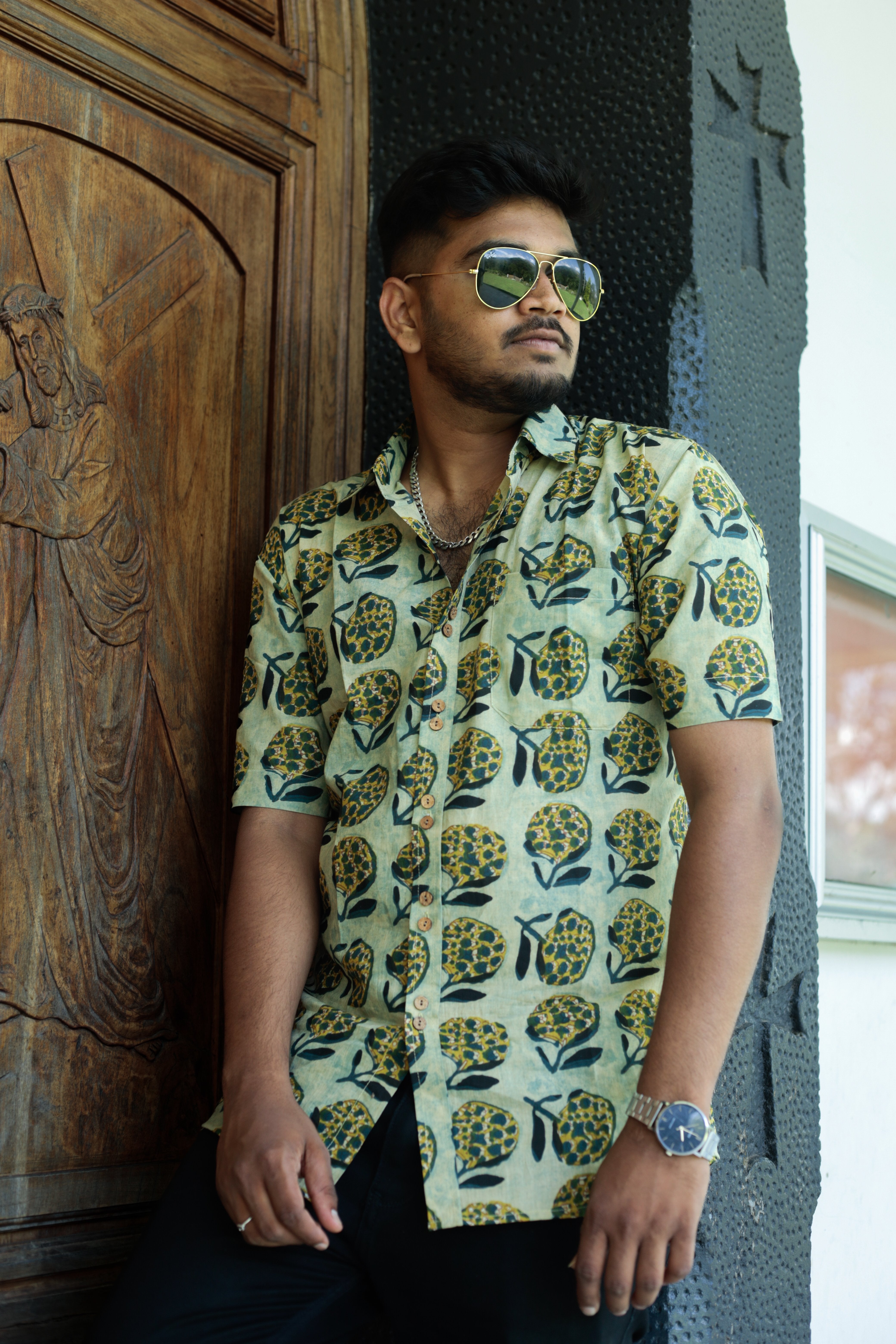 Shirt  - 16 -  handblock ajrakh motif printed organic cotton shirt in green