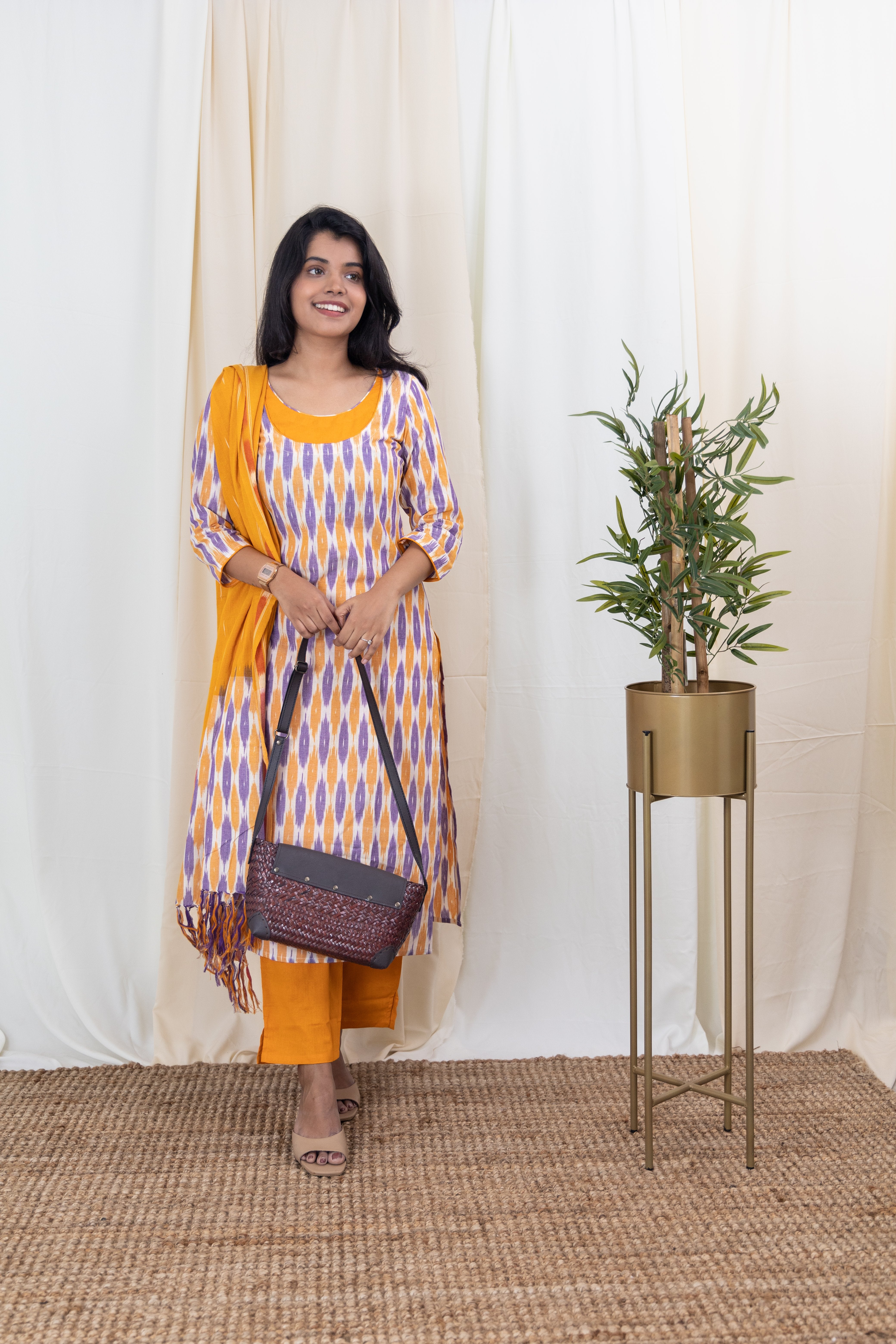 Dyuthi - handloom pochampally ikkat cotton suit set in yellow and purple with matching dupatta