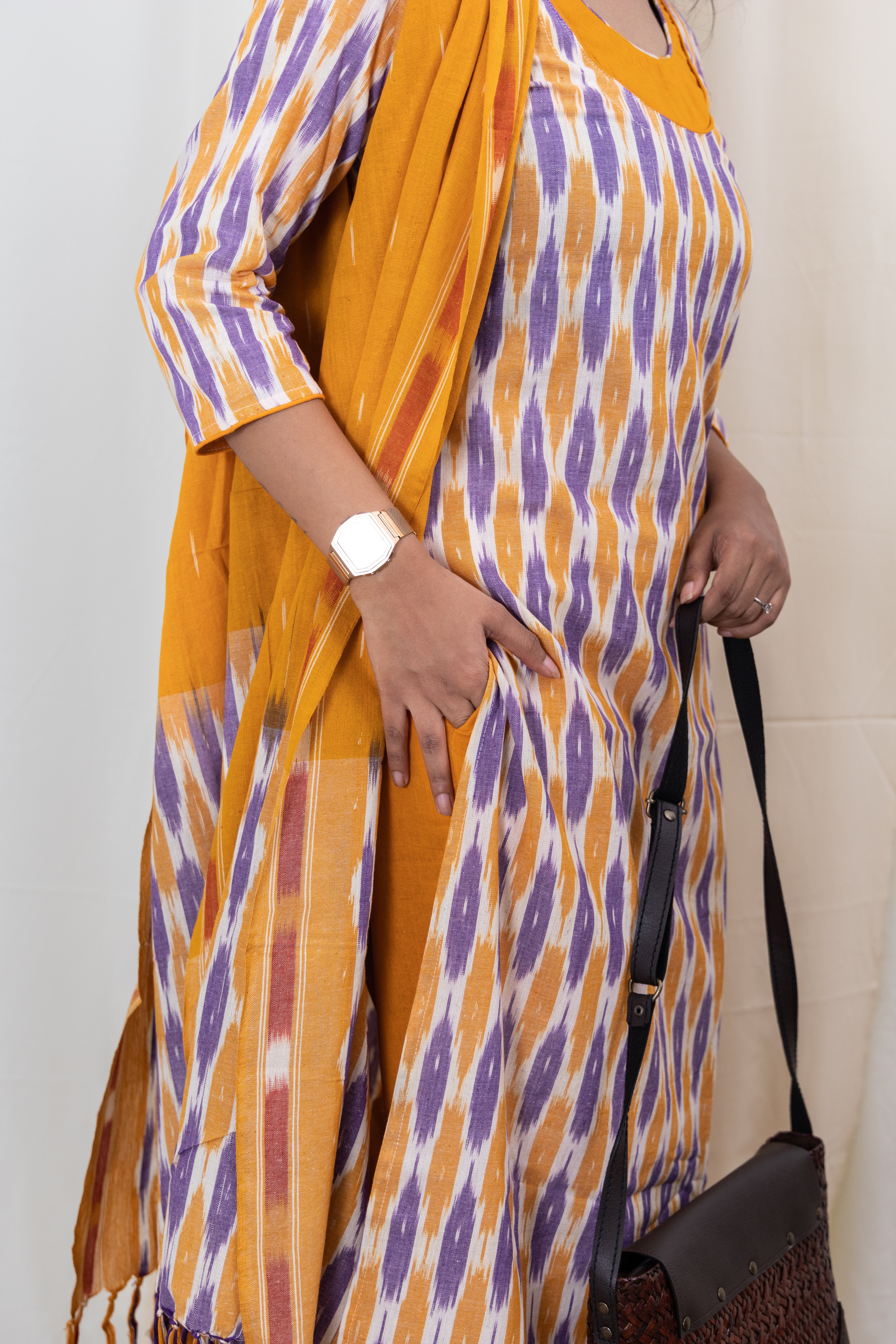 Dyuthi - handloom pochampally ikkat cotton suit set in yellow and purple with matching dupatta