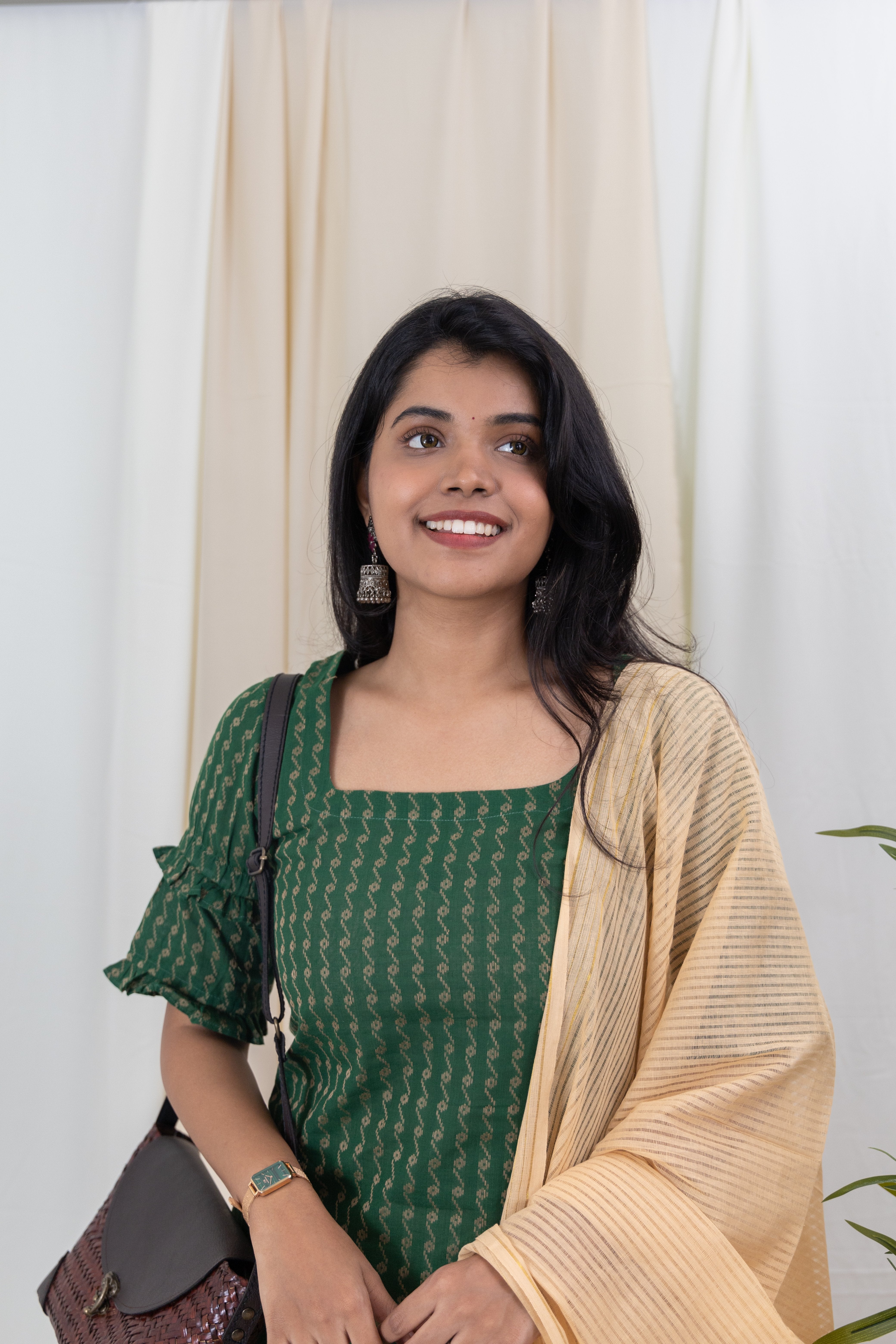 Yaazhini - Handloom cotton suit set with kota zari dupatta in dark green and cream