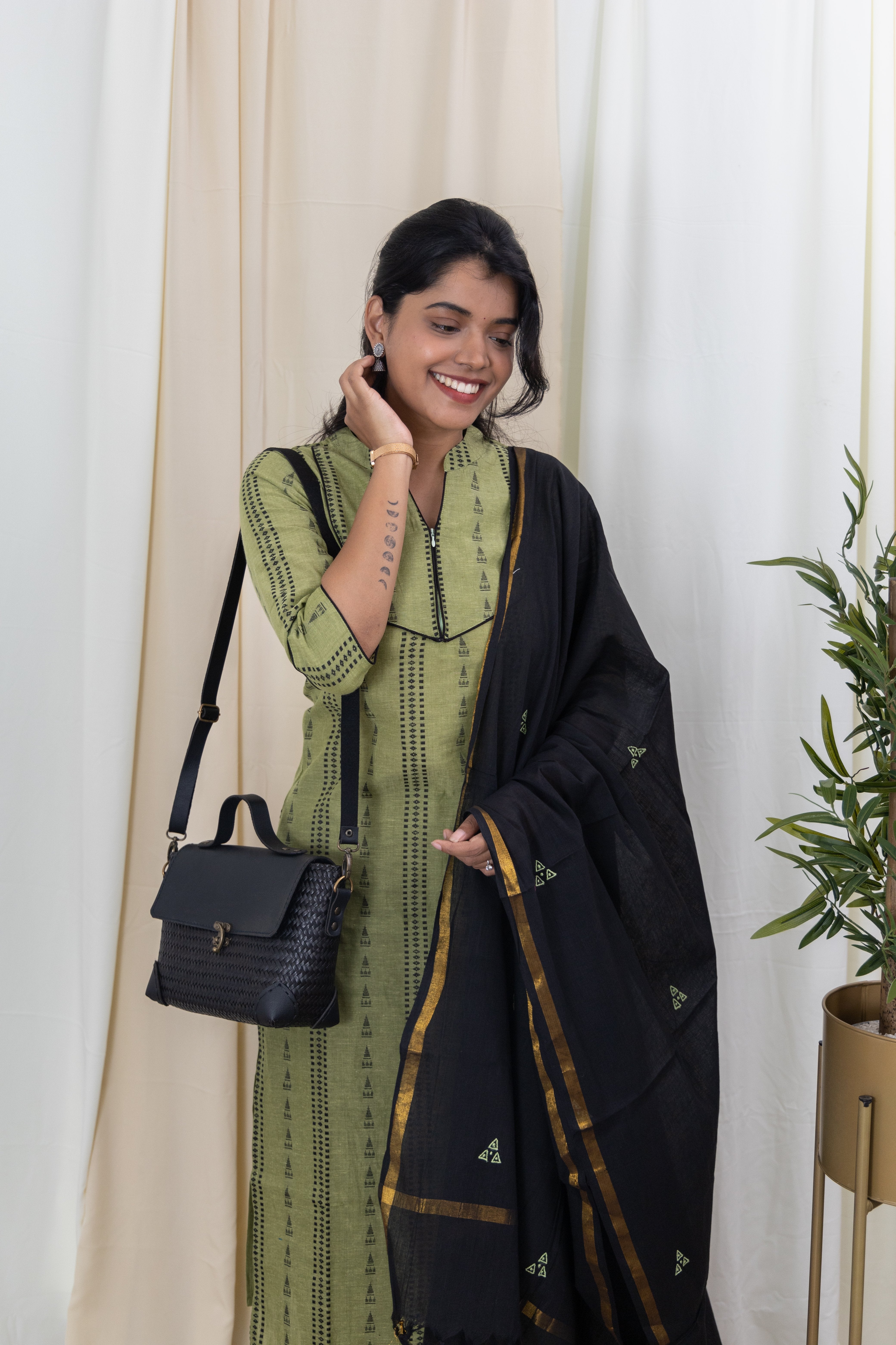 Jamini - handloom cotton suit set with kota silk zari dupatta in Mehendi green and black