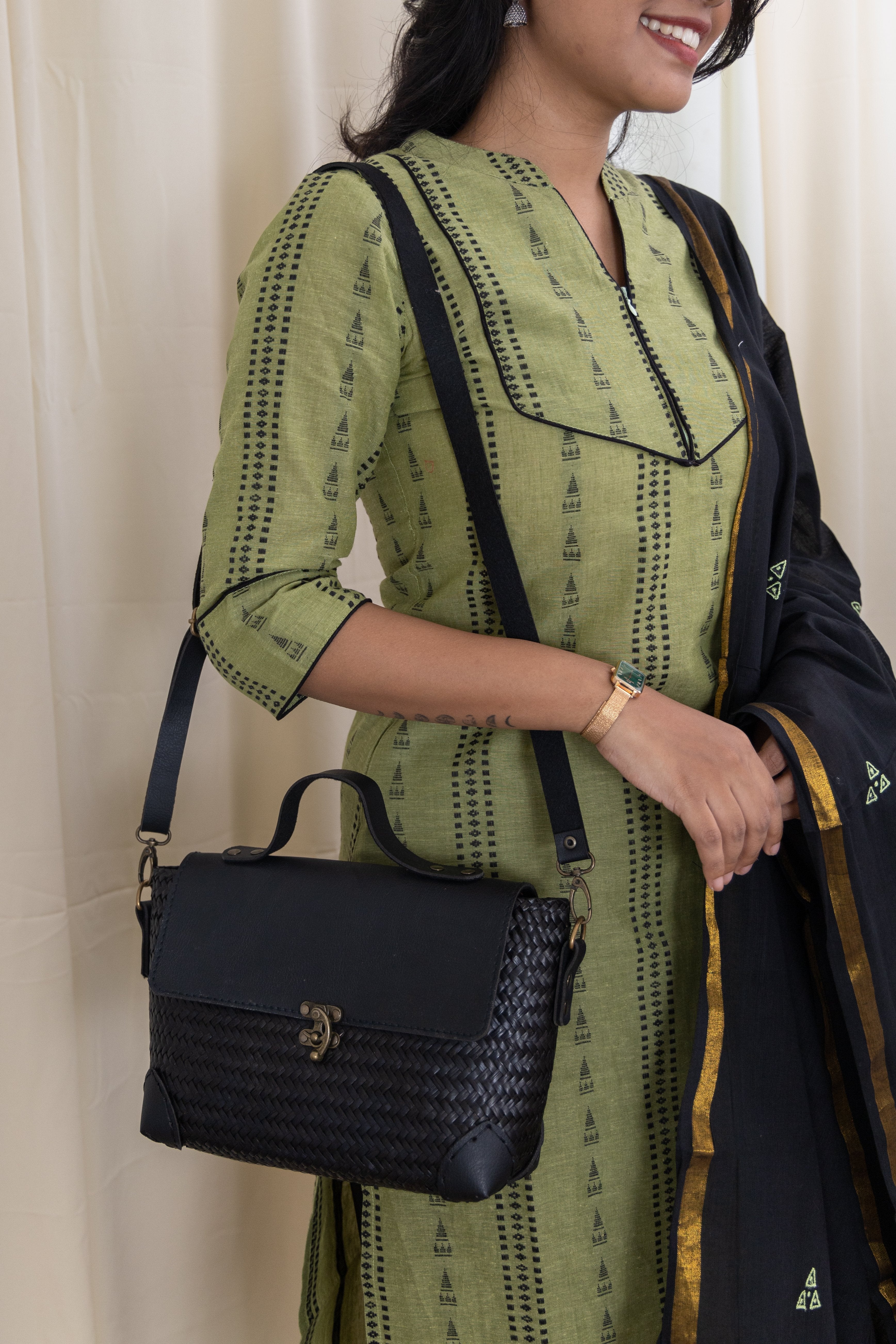 Jamini - handloom cotton suit set with kota silk zari dupatta in Mehendi green and black