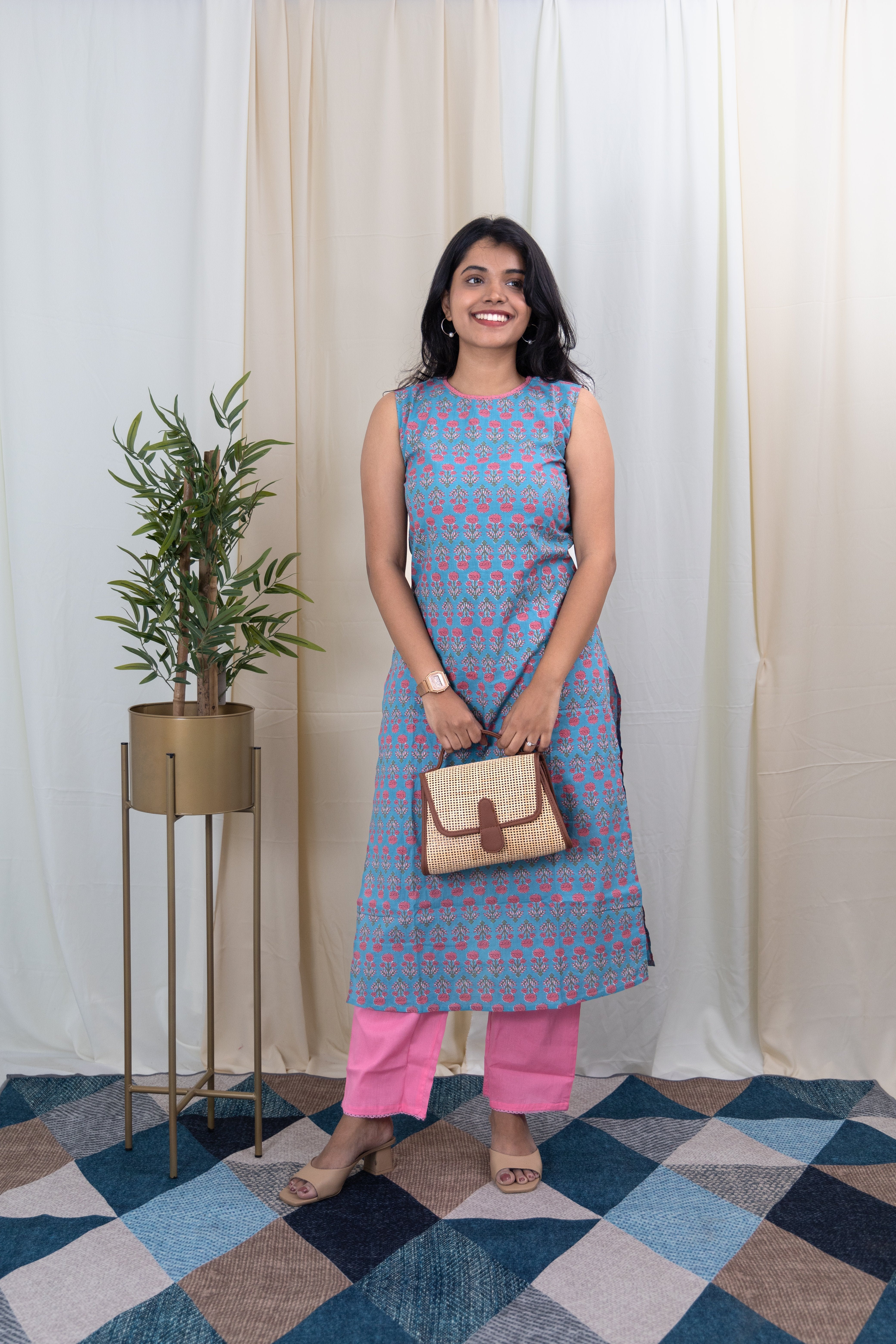 Vinsa - floral hand block printed kurta set in blue and pink