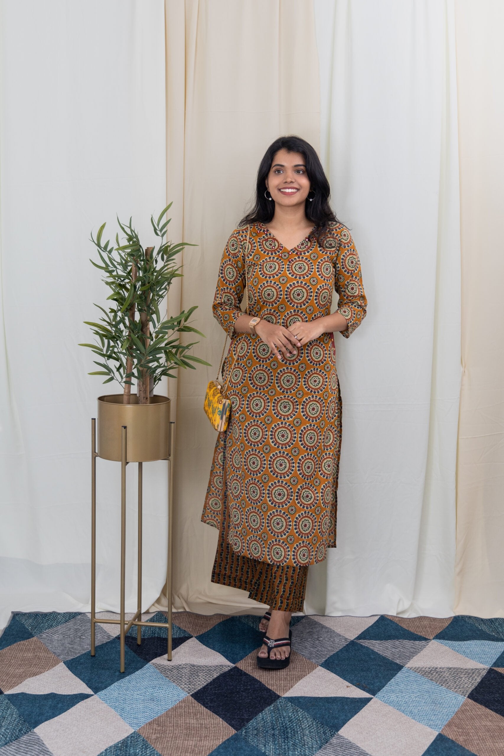 Mandala - mandala hand block printed organic cotton kurta set in mustard yellow and red