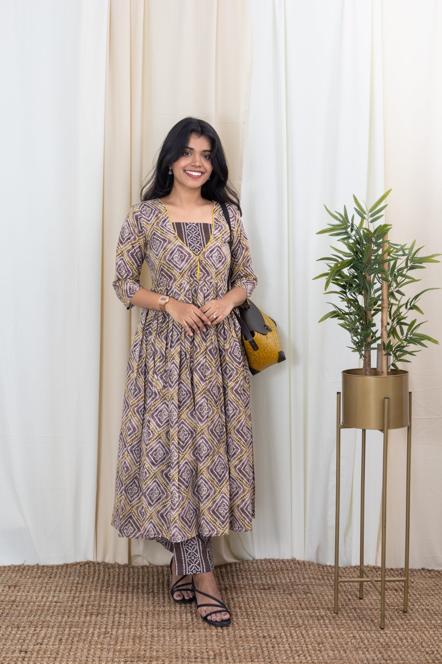 Aparna - Jaipuri cotton bandhani printed suit set in brown and yellow