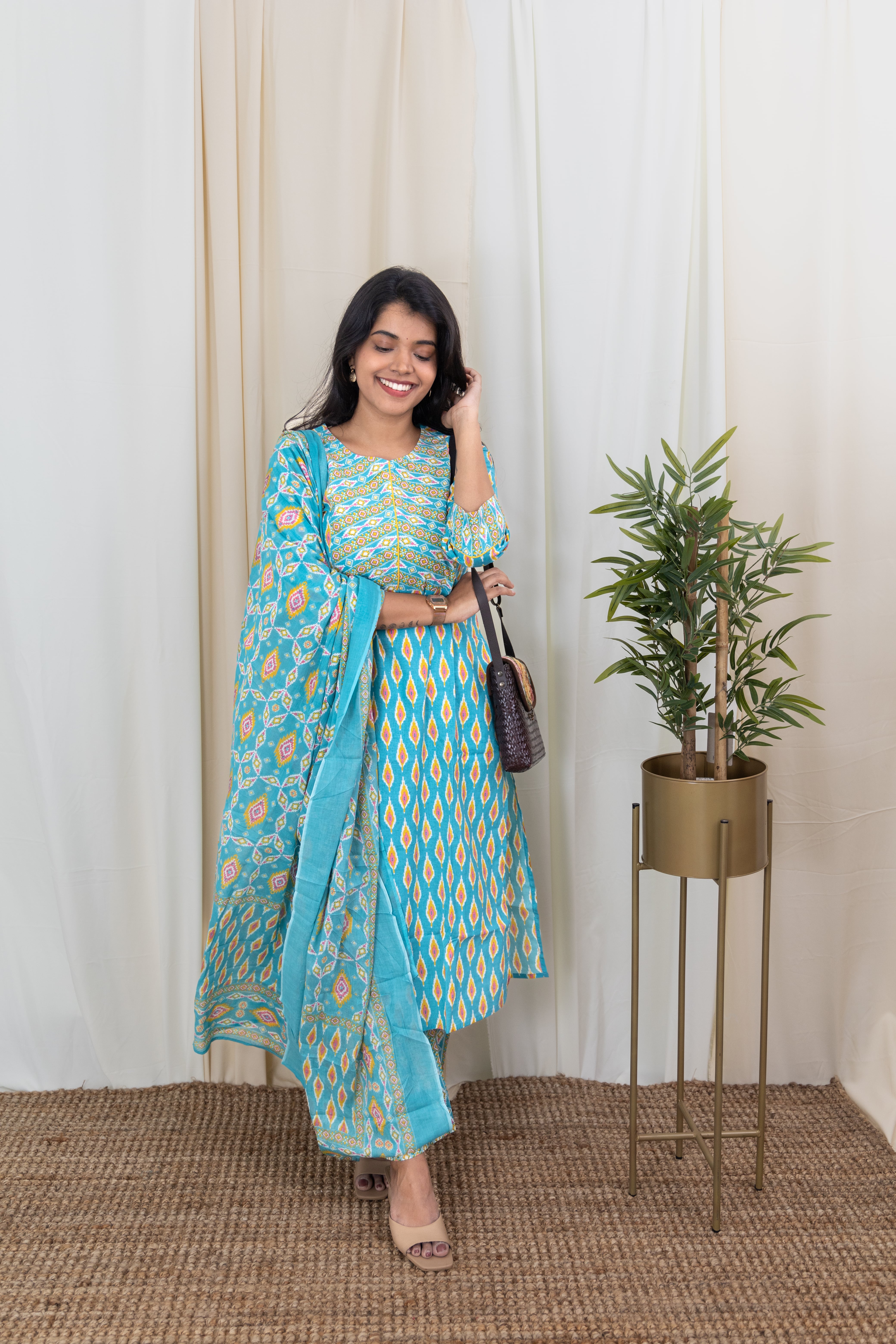 Vanshika - monotone organic jaipuri cotton suit set in blue with matching dupatta