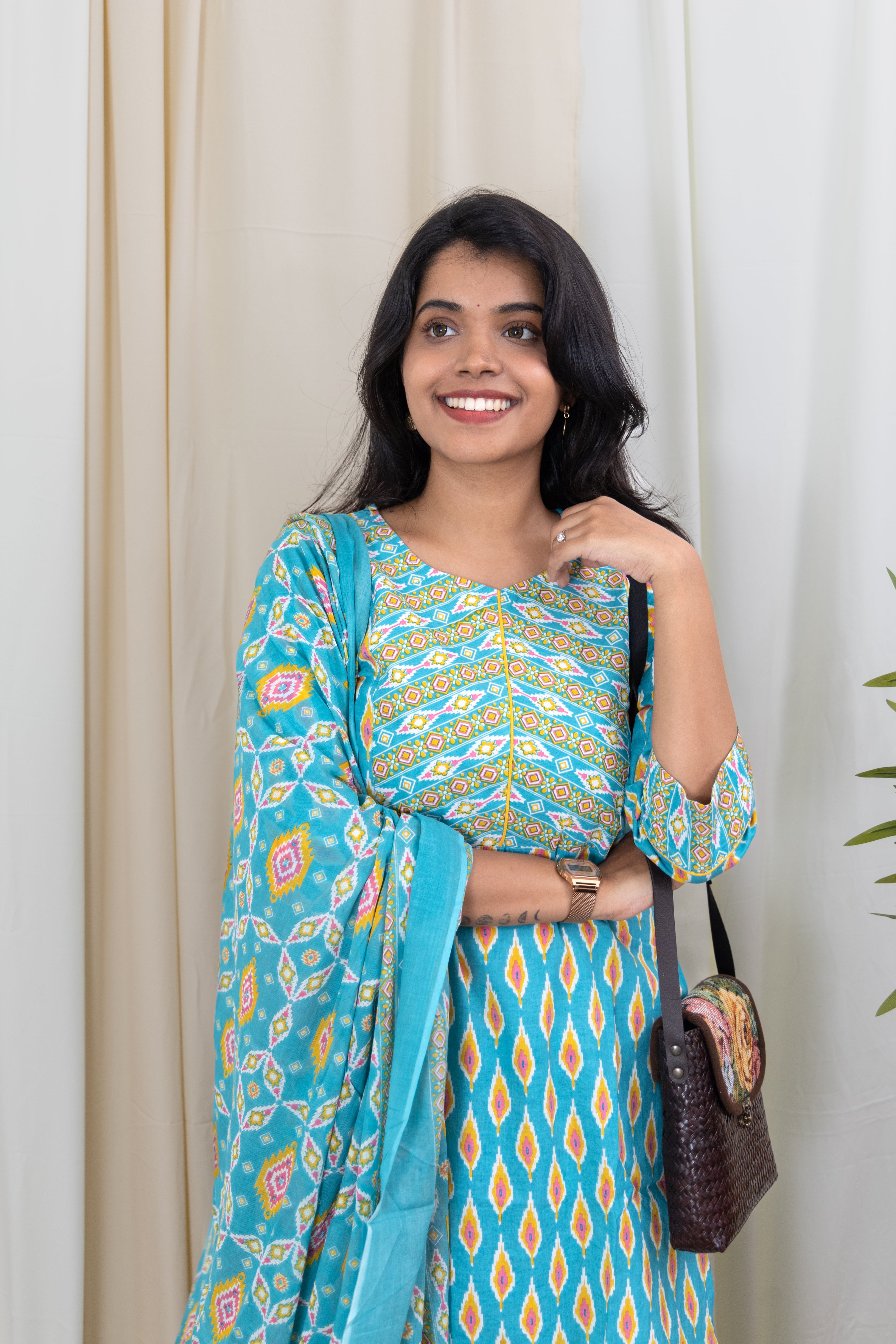 Vanshika - monotone organic jaipuri cotton suit set in blue with matching dupatta
