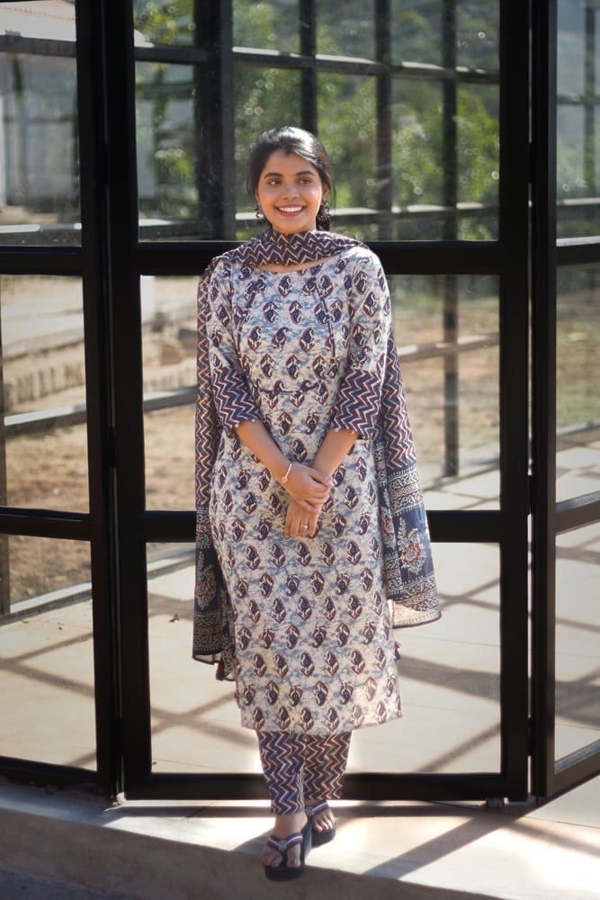 Svara suit set - hand block kheri printed cotton suit set in Indigo and maroon with matching dupatta