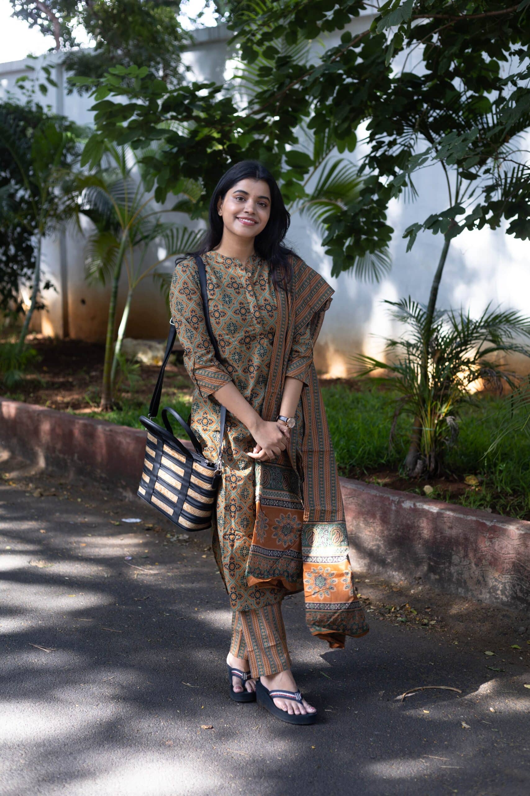 Kanmani - green & brown ajrakh printed cotton suit set