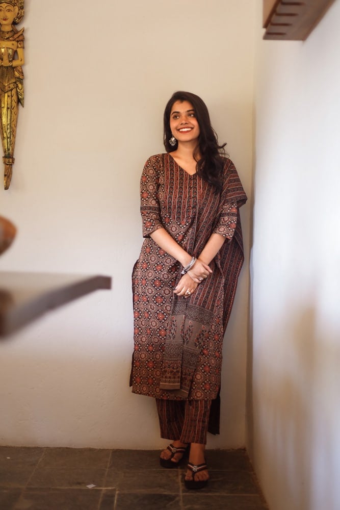 Rudra suit set - ajrakh cotton printed suit set in brown with matching dupatta