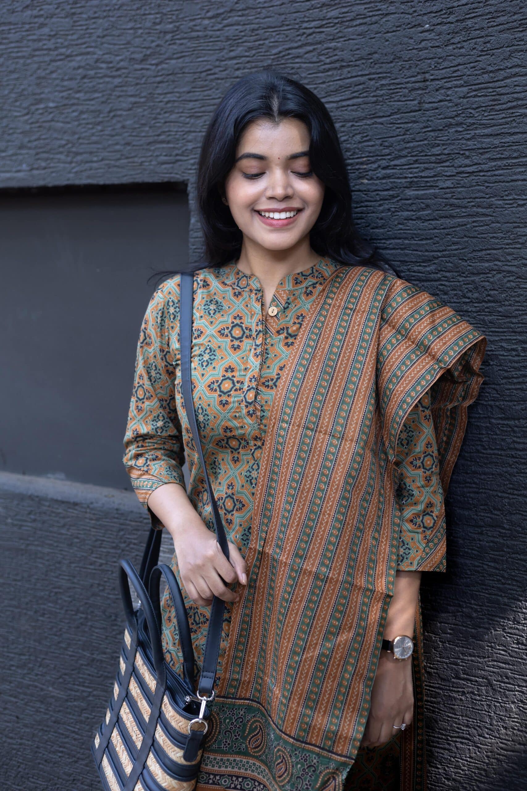 Kanmani - green & brown ajrakh printed cotton suit set