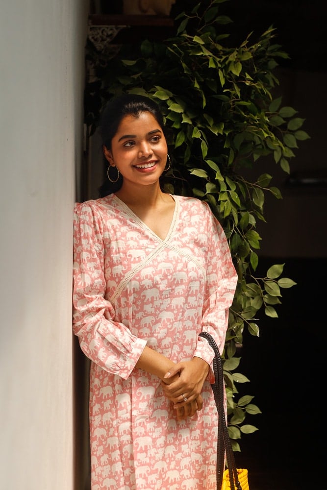 Dress 21 - organic cotton  with cute elephant hand block printed dress in baby pink