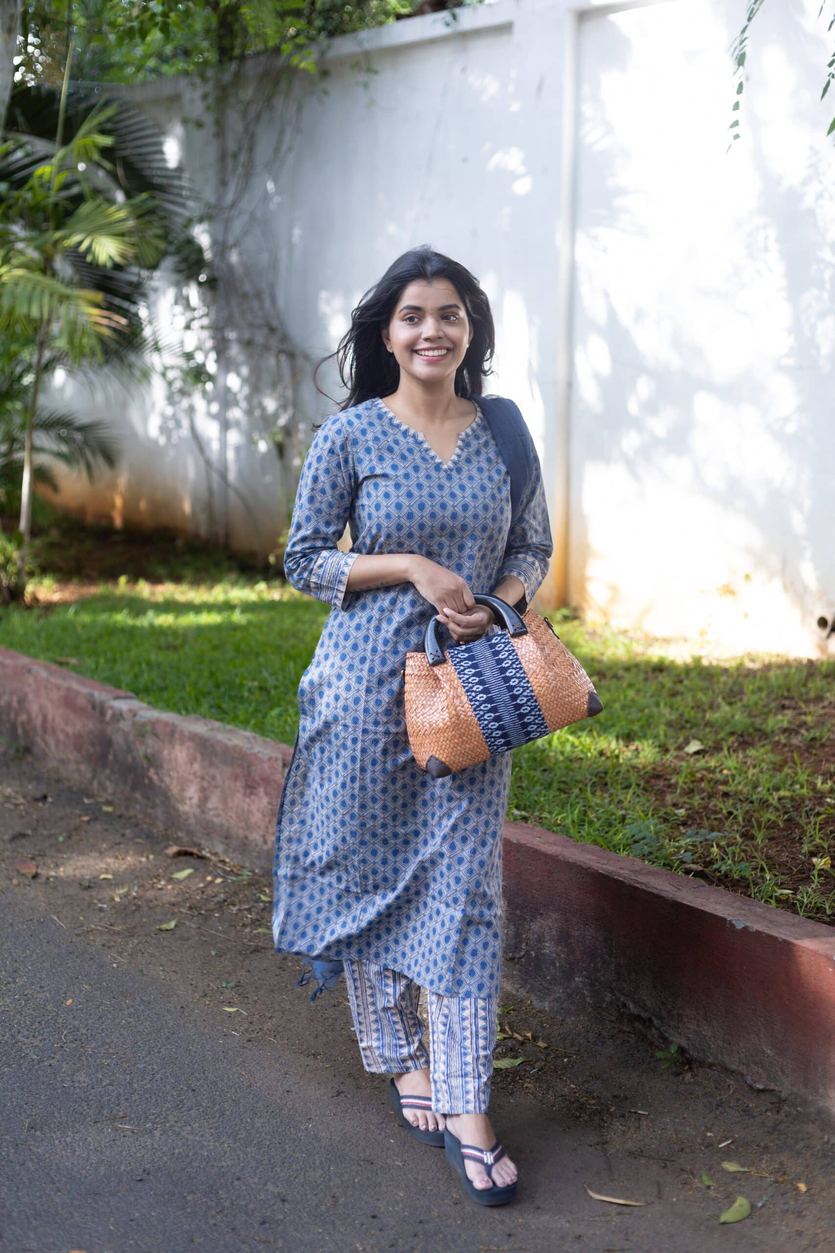 Roshni - grey & blue organic cotton suit set with kota dupatta