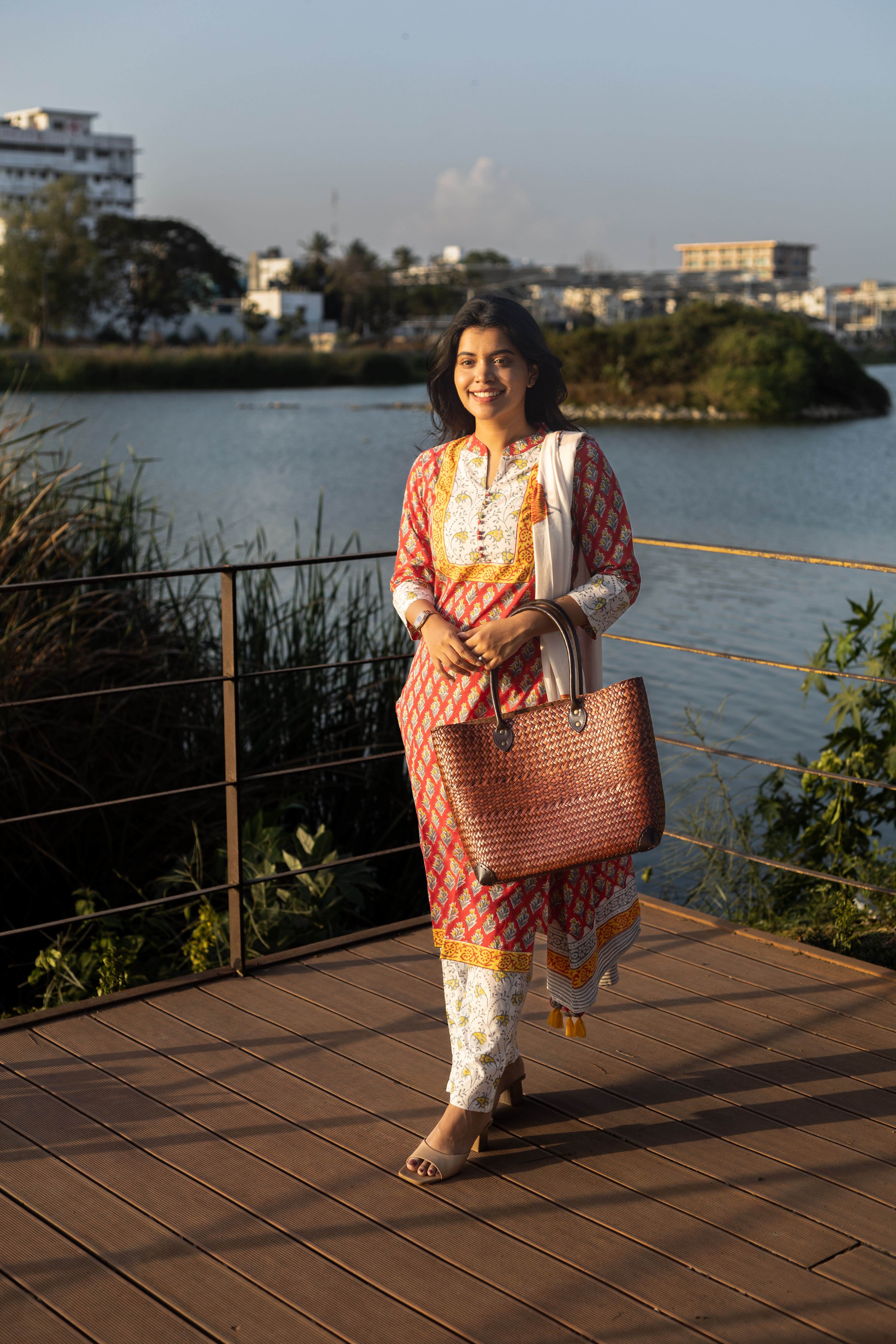 Mitali - floral motifs hand block printed cotton suit set in red and white with matching dupatta with tassels