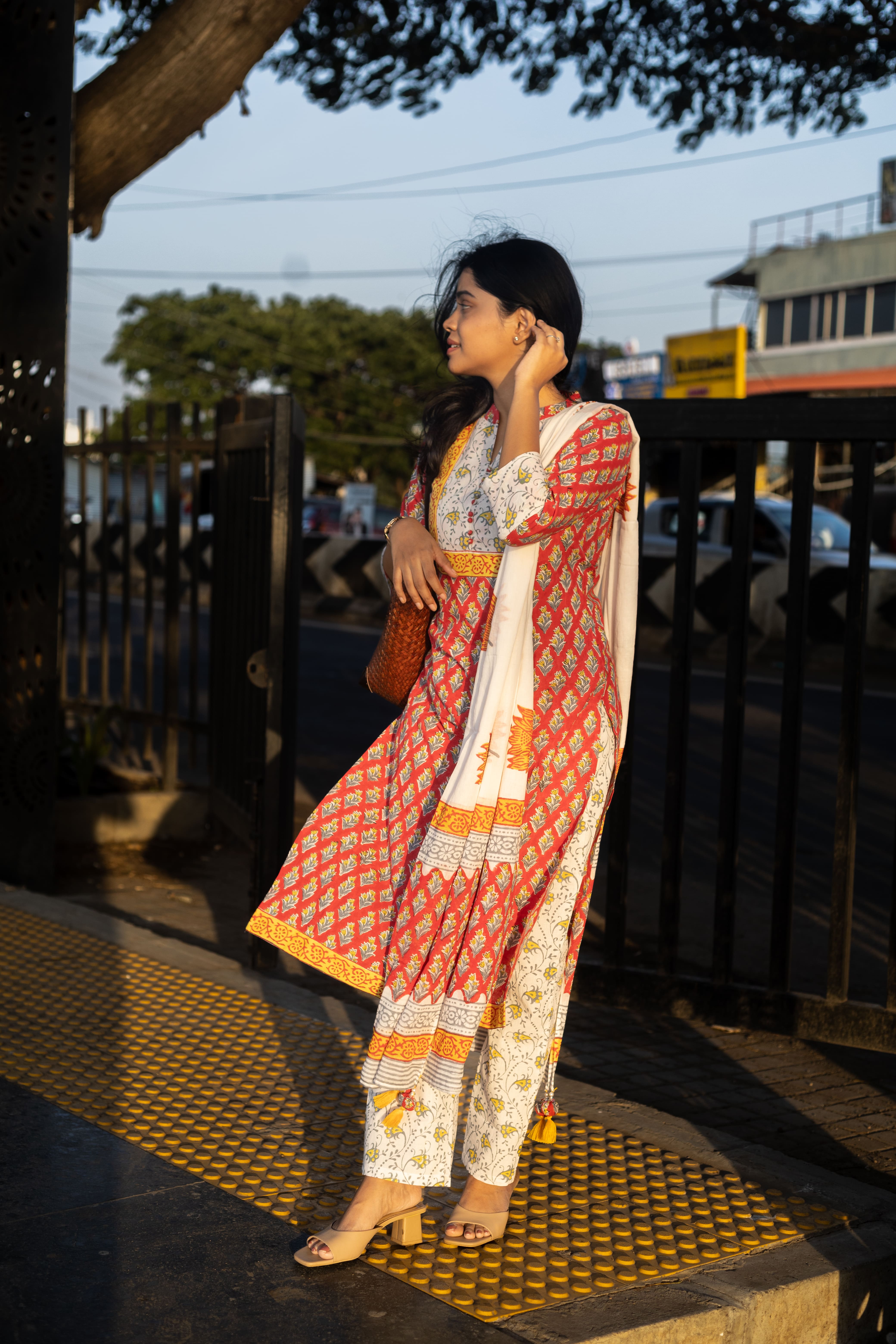Mitali - floral motifs hand block printed cotton suit set in red and white with matching dupatta with tassels