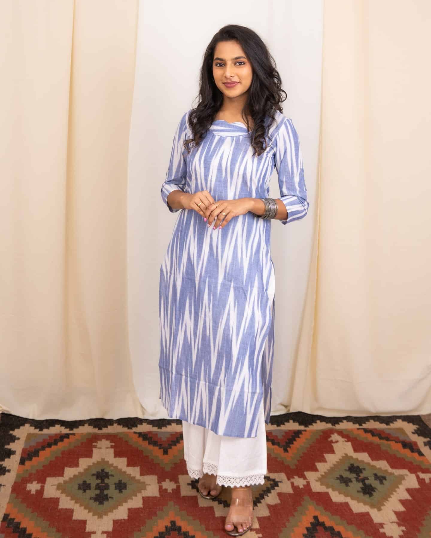 Neelima - ikkat cotton kurta set in white and blue