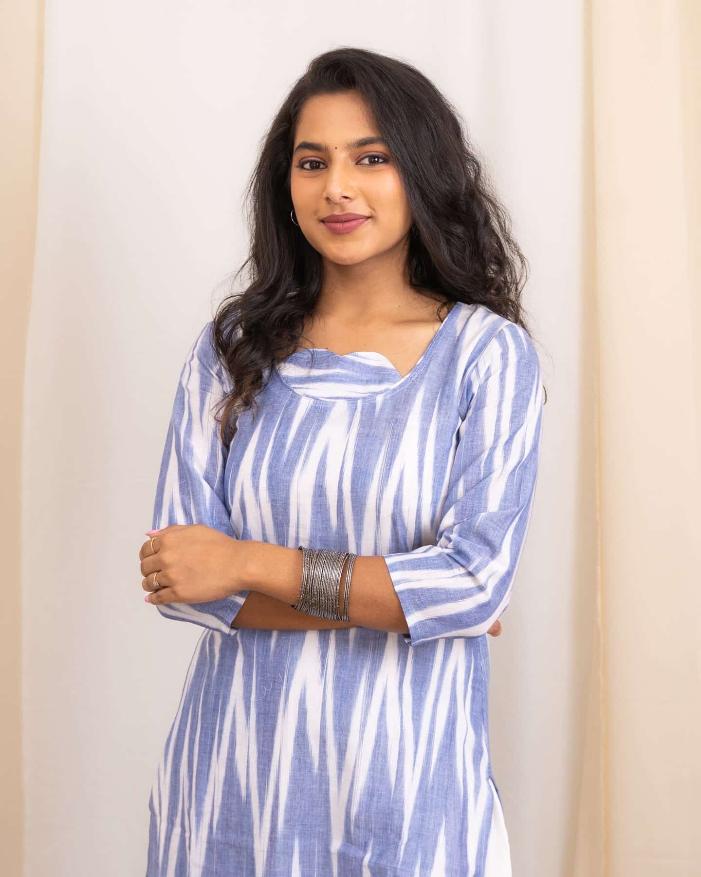 Neelima - ikkat cotton kurta set in white and blue
