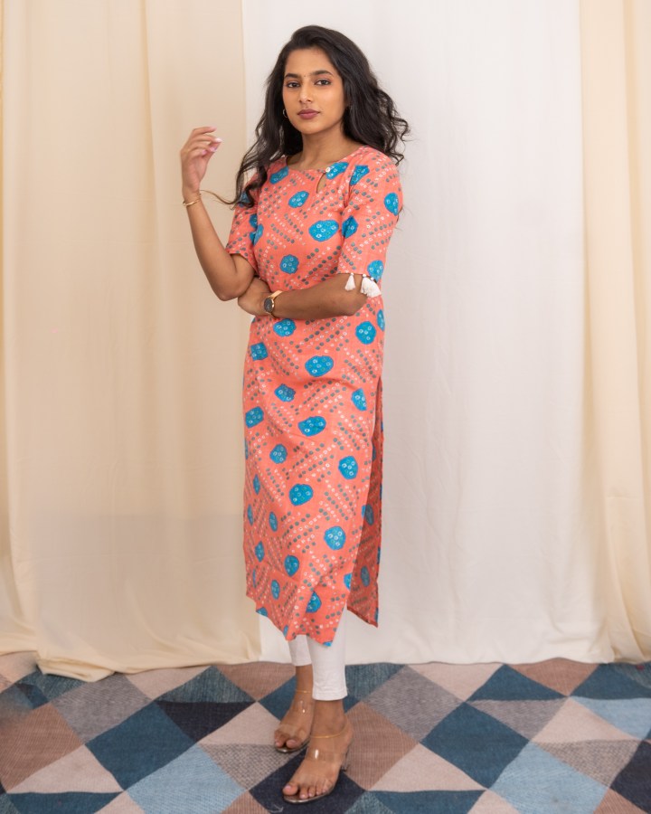 Pattern kurti 22 - Bandhani printed cotton kurti in peach & blue