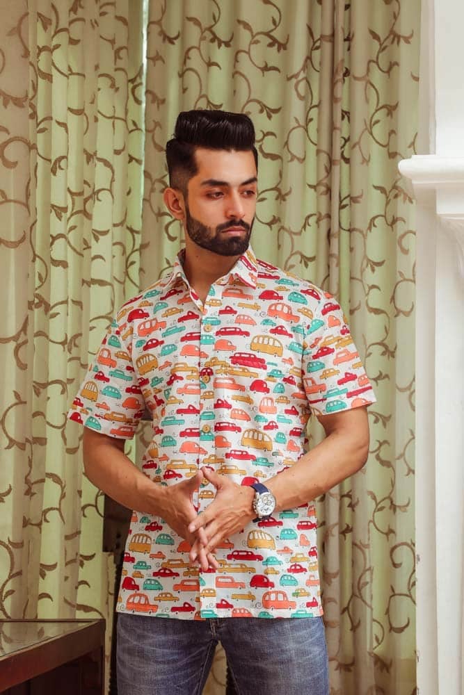 multi colour car shirt - hanblock car printed organic cotton shirt in multi colour